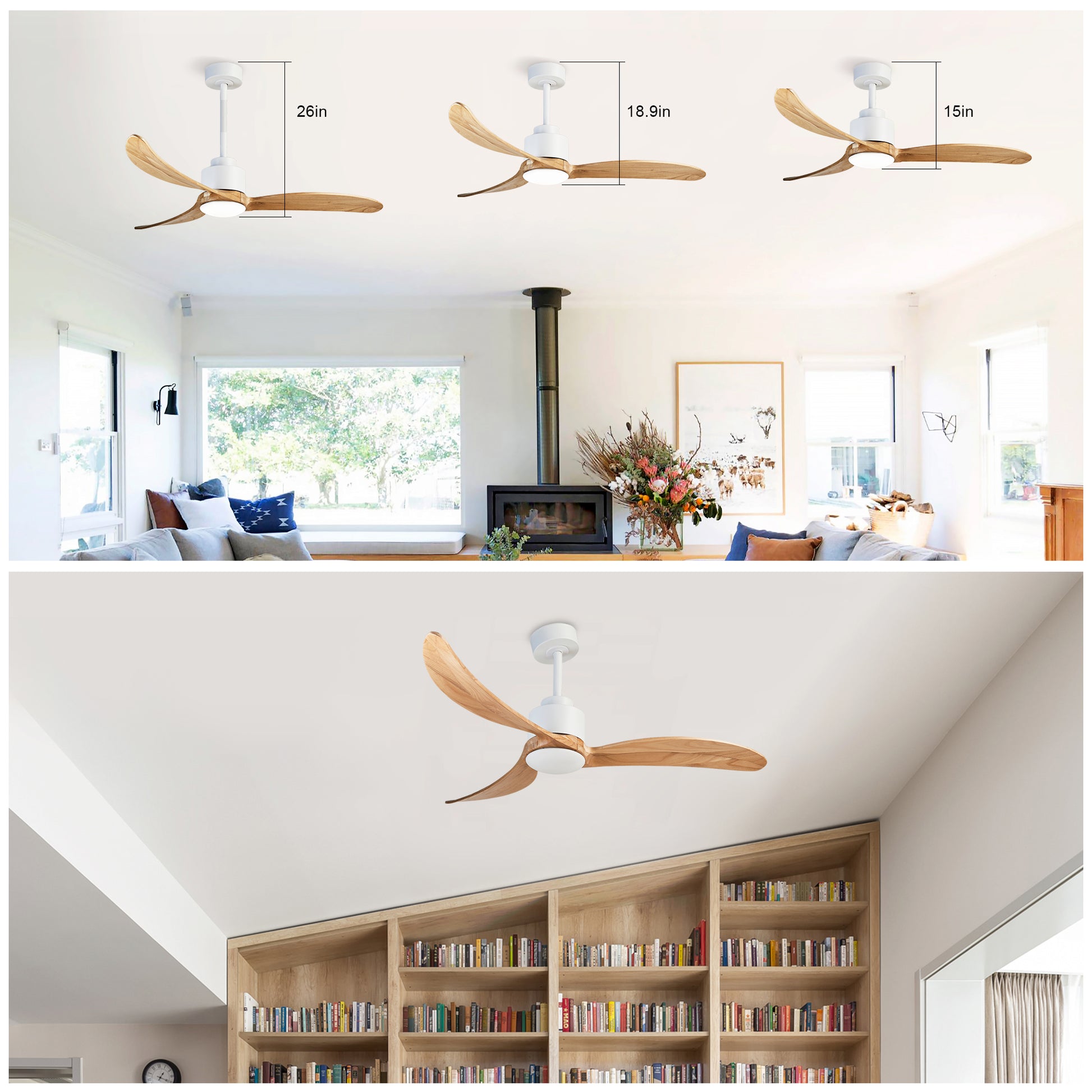 52" Ceiling Fan With Dimmable Led Light Remote Control,Quiet Dc Motor 6 Speed Levels,Adjust Height 3 Pcs Rod Reversible Ceiling Fan, For Patio Living Room, Bedroom, Office,Indoor. White Natural White Farmhouse,Industrial Iron Wood