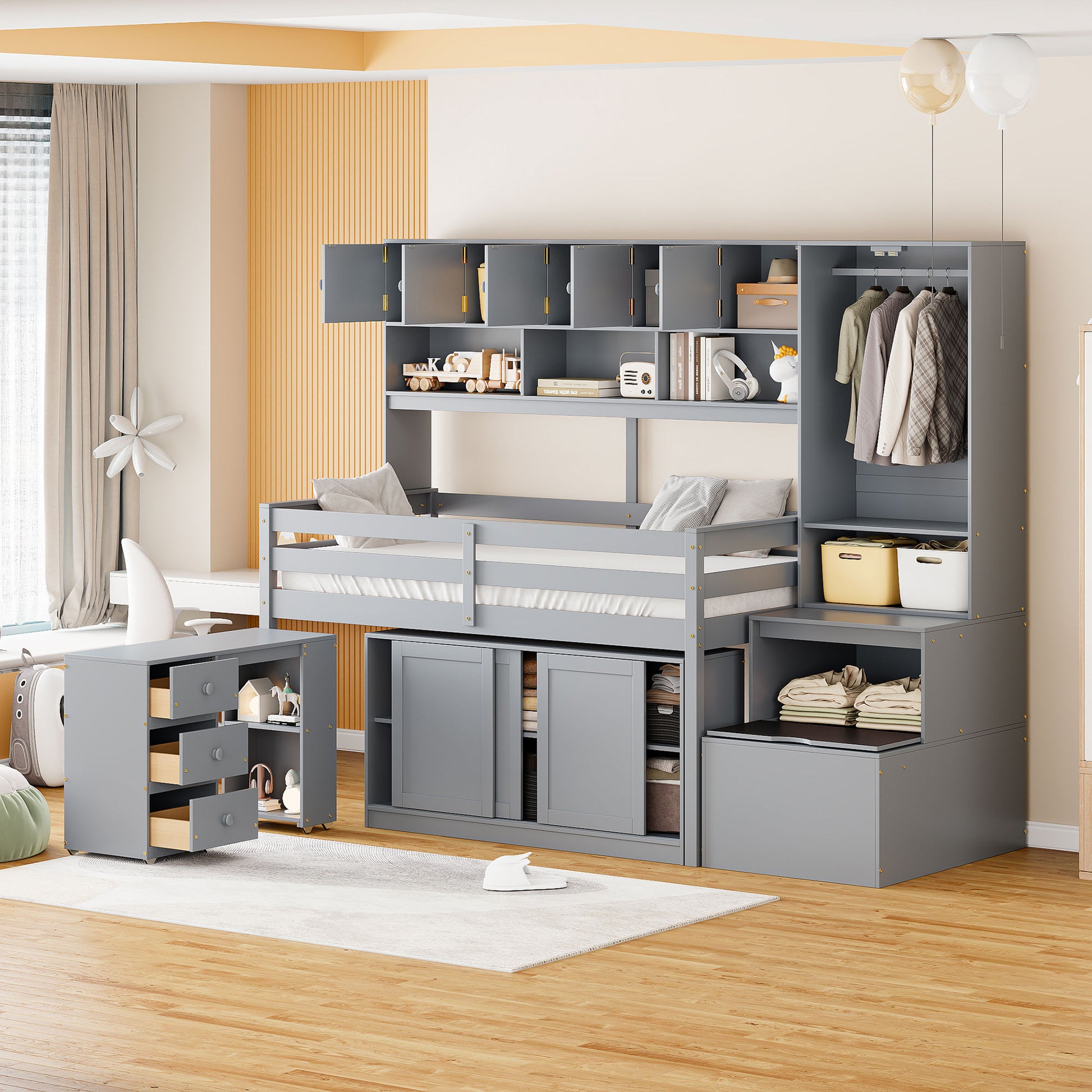 Twin Size Wooden Loft Bed Big Storage With Under Bed Desk, With Drawers, With Shelves, Gray Twin Gray Plywood