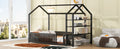 Twin Size Metal House Bed With Fence And Detachable Storage Shelves, Black Twin Black Metal