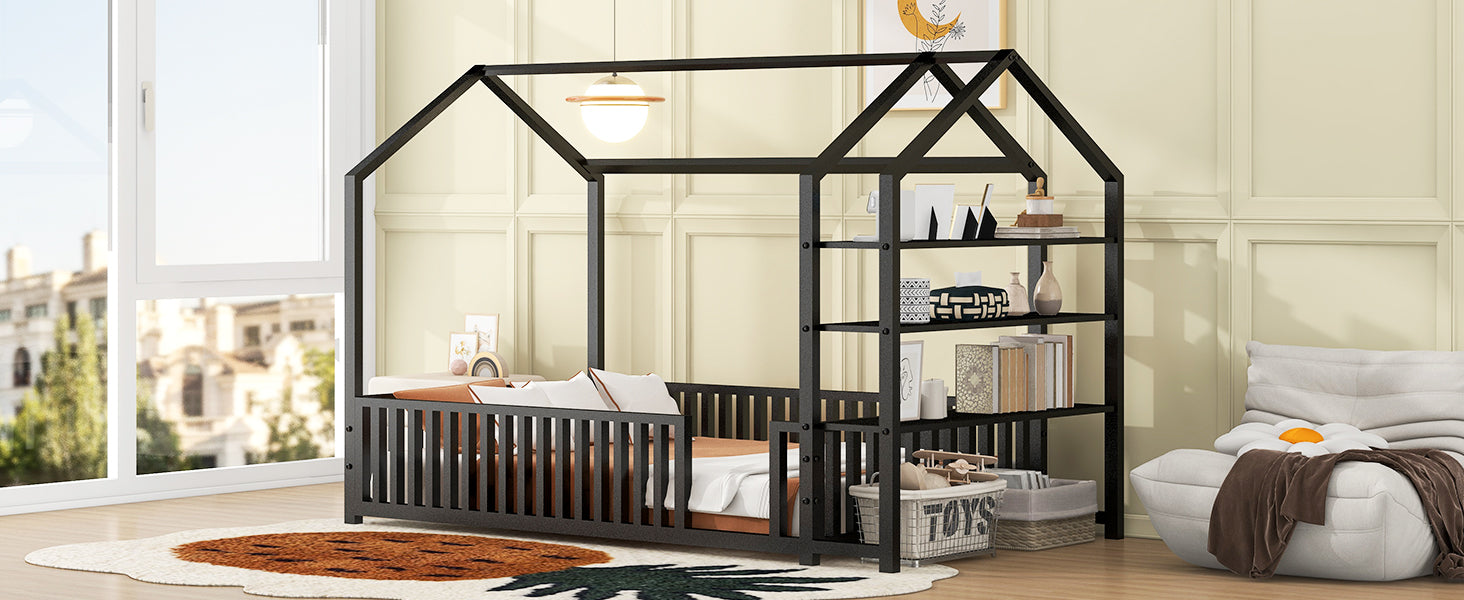Twin Size Metal House Bed With Fence And Detachable Storage Shelves, Black Twin Black Metal