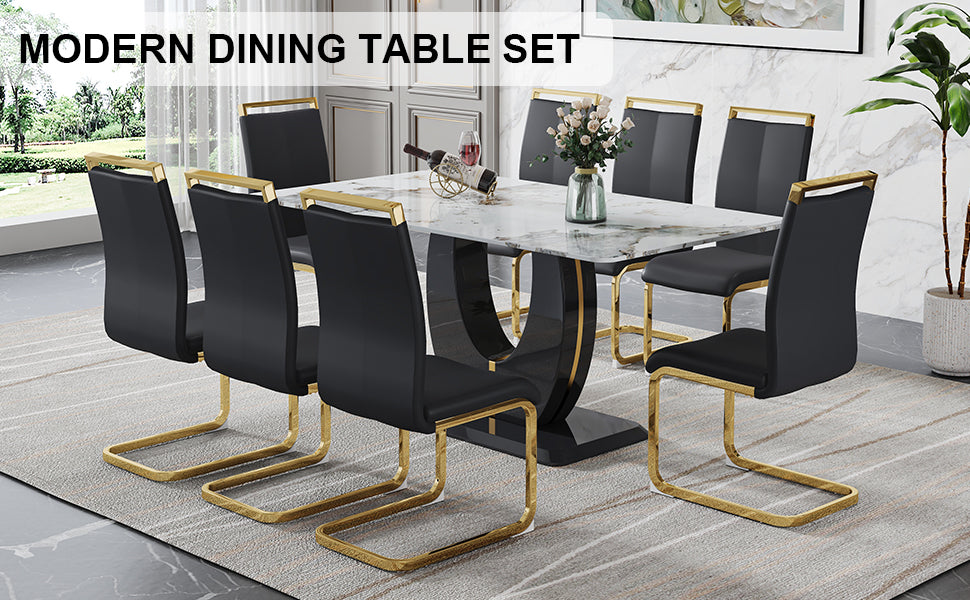 Table And Chair Set, Modern Dining Table, Patterned Table Top And Black Mdf Table Leg, Soft And Comfortable Dining Chair, Perfect For Dinner, Meetings, Home And Office Decor Black Mdf Glass