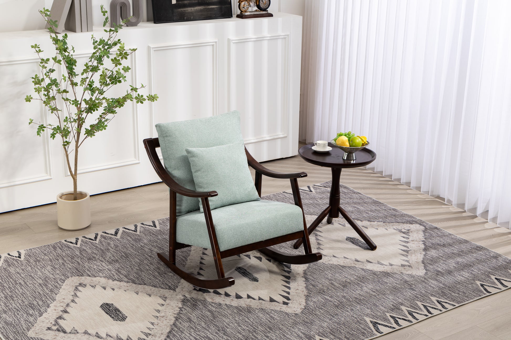 Woven Fabric Mid Century Modern Accent Chairs Comfy Upholstered Glider Arm Chair With Solid Wood For Living Room Bedroom Balcony Light Green Linen