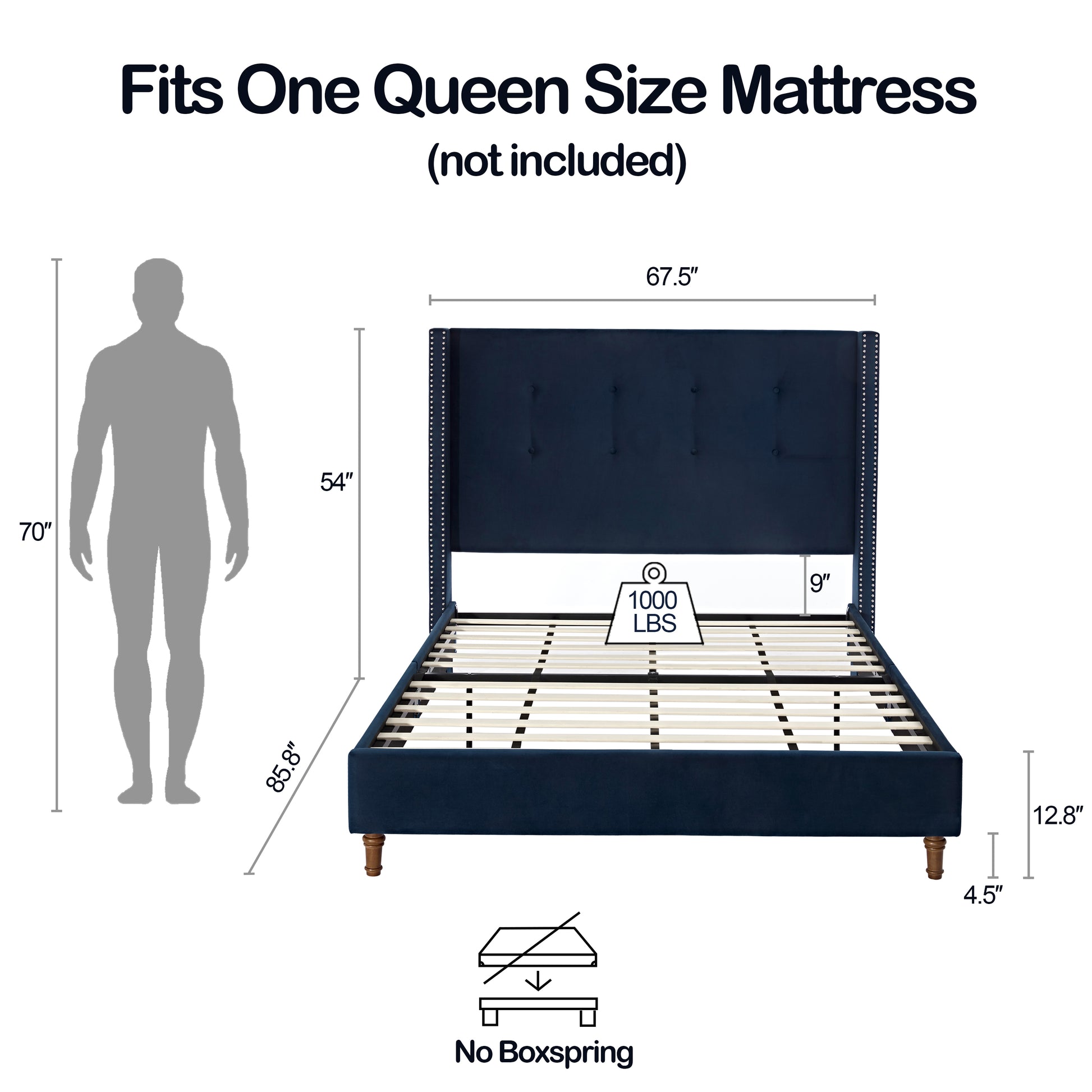 Peyton Upholstered Queen Bed 54" High Headboard Traditional Hand Buttoned Tufting Trim Wingback No Box Spring Needed Easy Assembly Blue Velvet Box Spring Not Required Queen Blue Metal Brown Bedroom Classic,European,Modern,Traditional Oak Bed Frame Foam