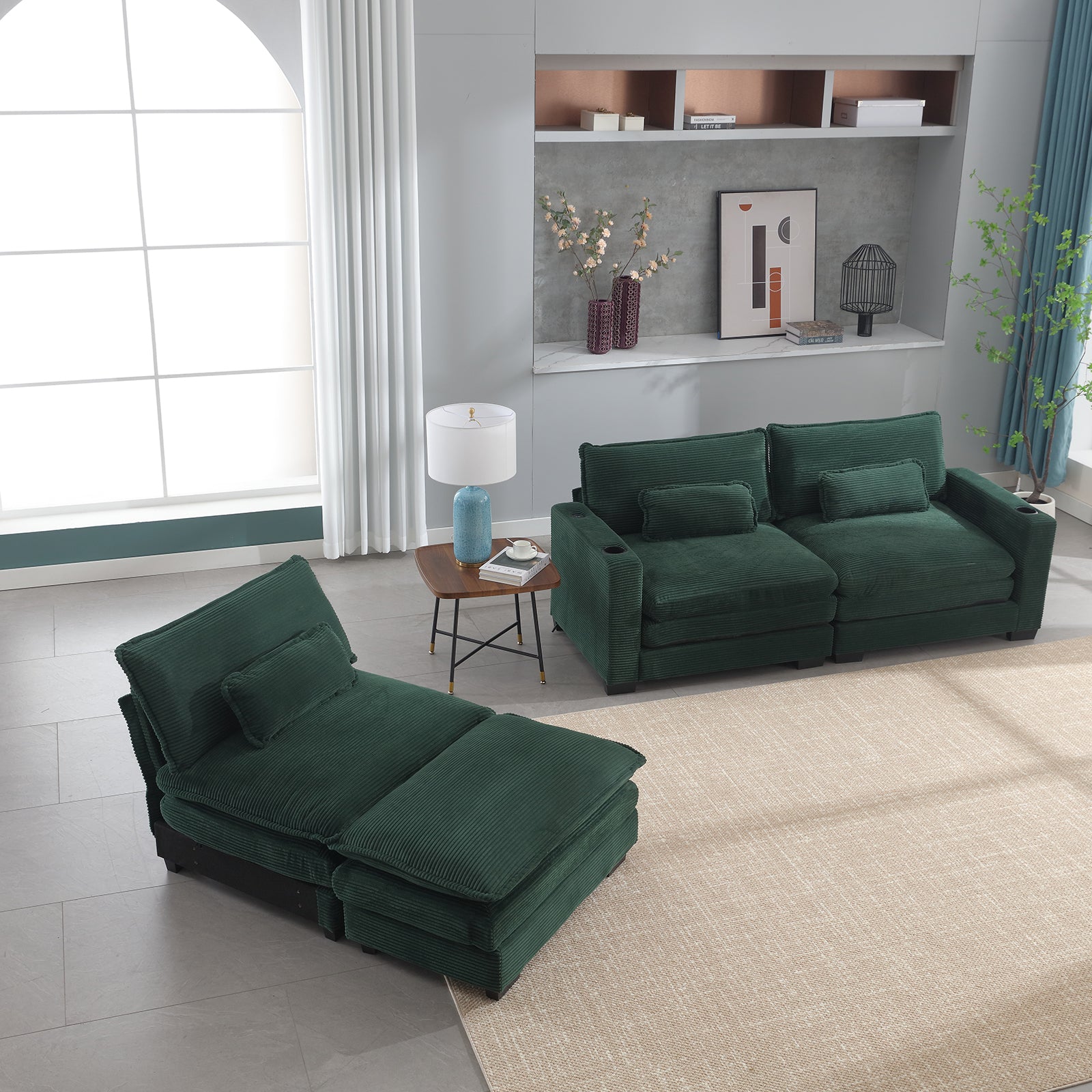 L Shape Sofa Couch With Usb & Cup Holders, Corduroy Stripe Fabric 3 Seater Sofa With 1 Ottoman, Green Green Wood 4 Seat