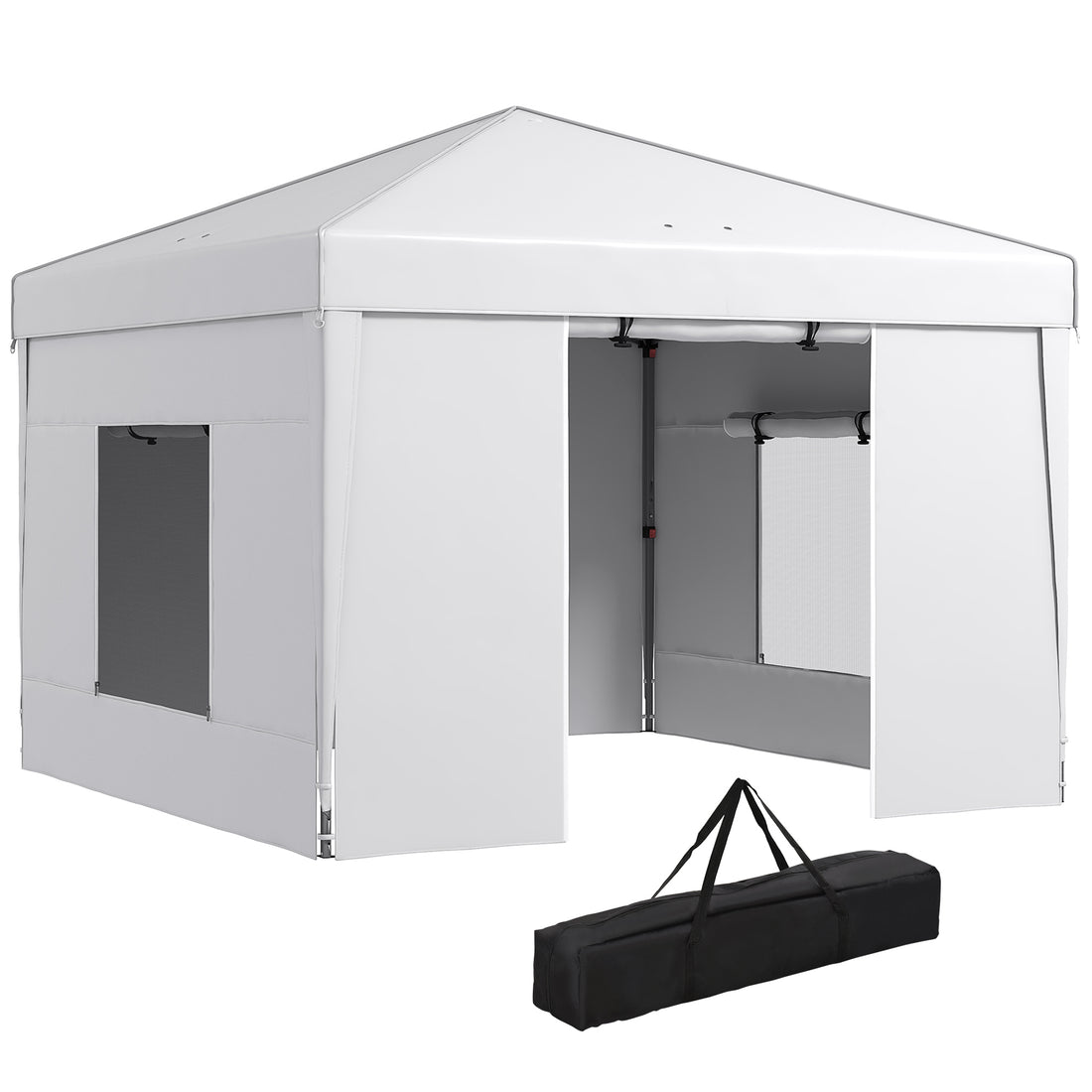 Outsunny 9.7' X 9.7' Pop Up Canopy With Sidewalls, Portable Canopy Tent With 2 Mesh Windows, Reflective Strips, Carry Bag For Events, Outdoor Party, Vendor Canopy, White White Steel