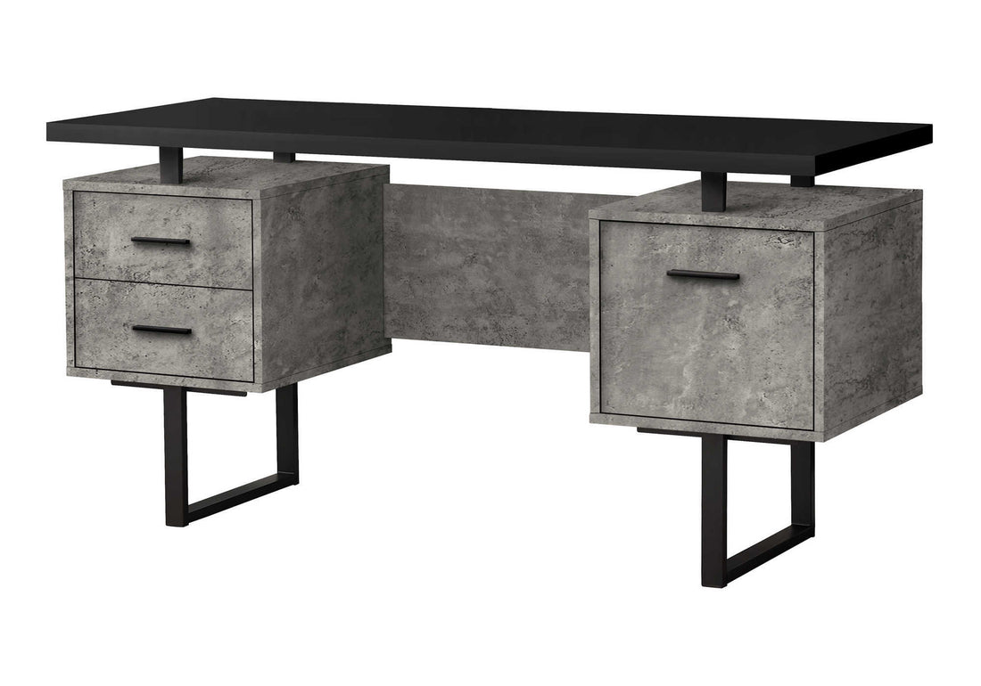 Computer Desk, Home Office, Laptop, Left, Right Set Up, Storage Drawers, 60"L, Work, Black And Grey Concrete Laminate, Black Metal, Contemporary, Modern Black Particle Board