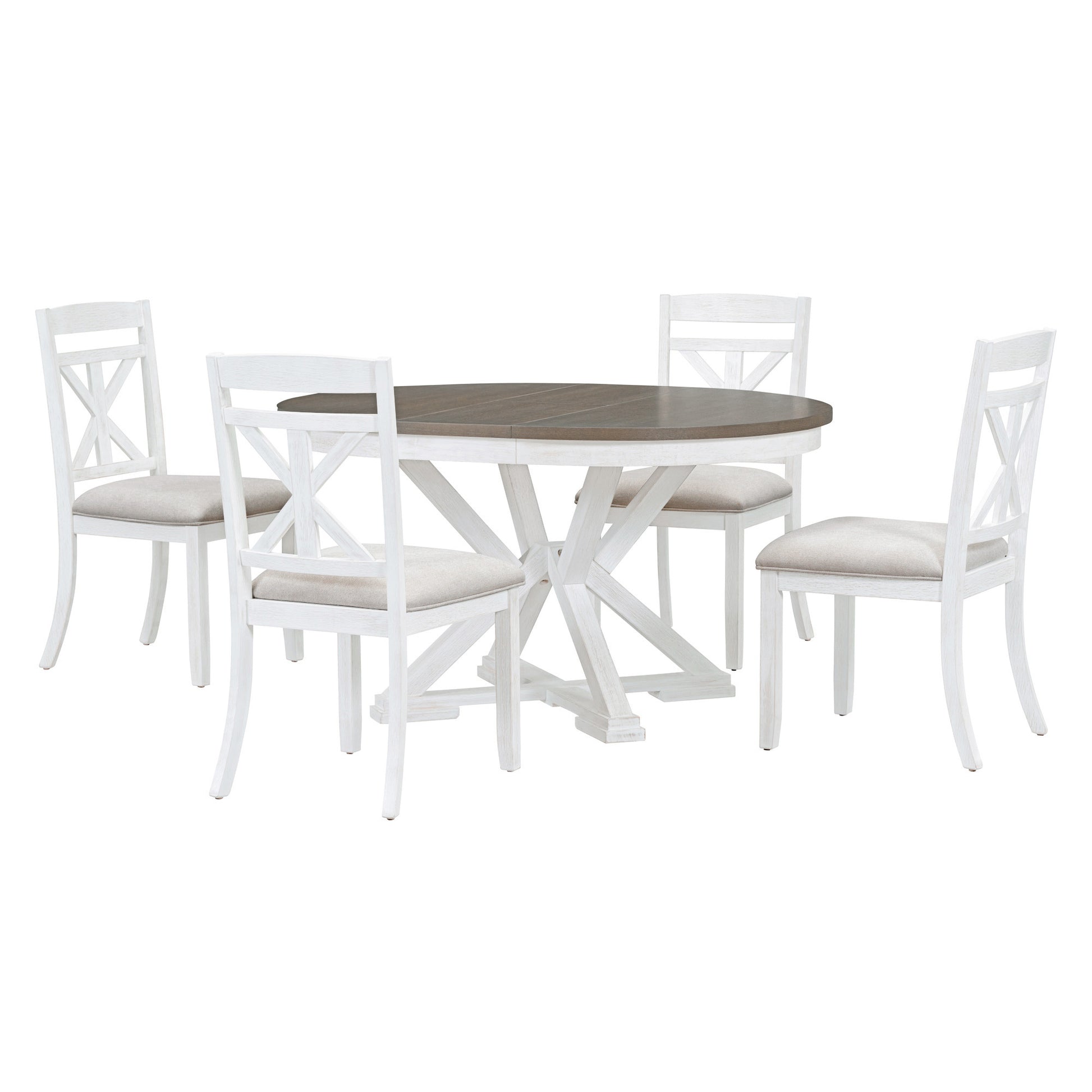 5 Piece Retro Functional Dining Table Set Extendable Round Table And 4 Upholstered Chairs For Dining Room And Living Room Brown Antique White Brown Antique White Solid Wood