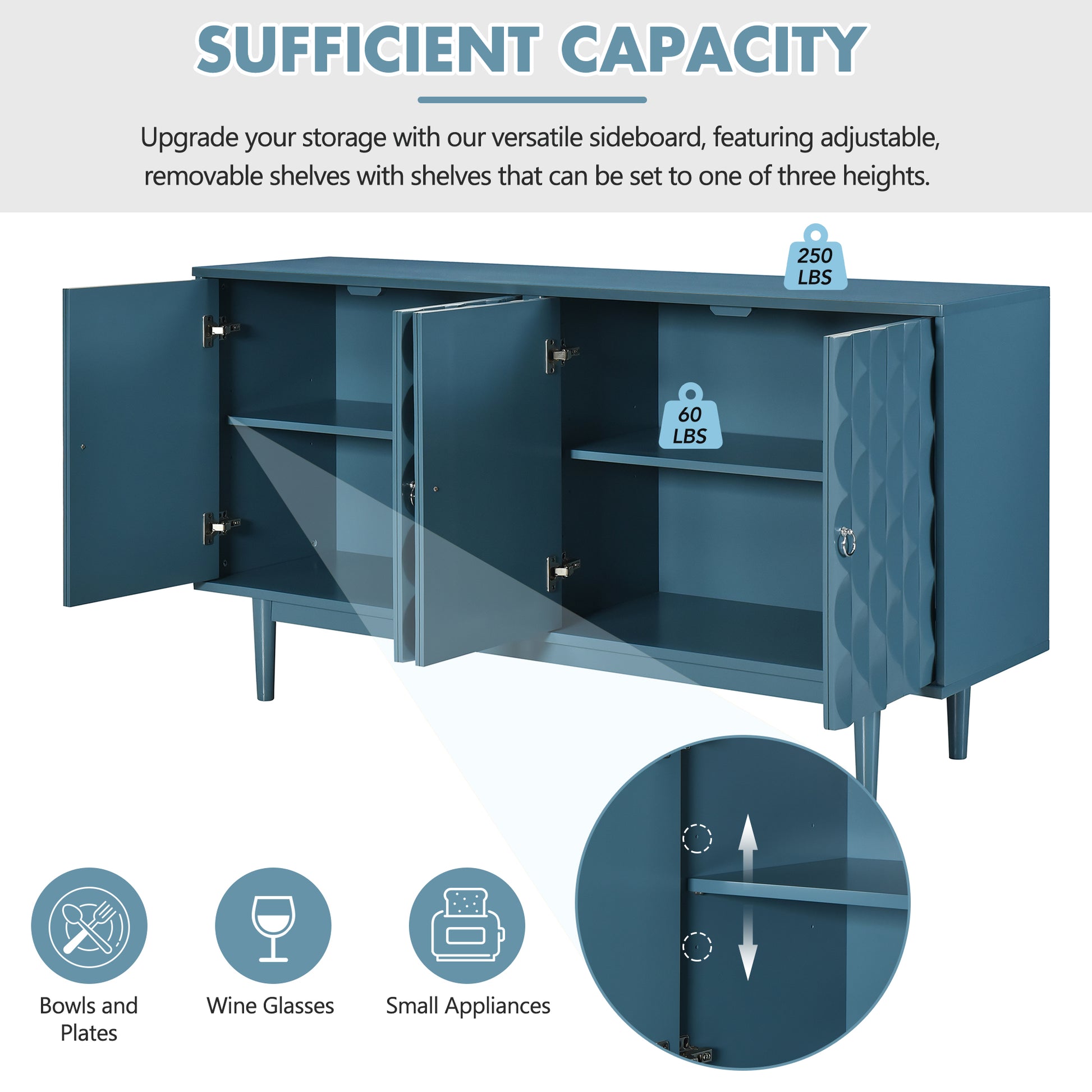 Modern 4 Door Sideboard With Convex Pattern Doors And 2 Silver Handle For Living Room, Dining Room, Kitchen Navy Navy Mdf