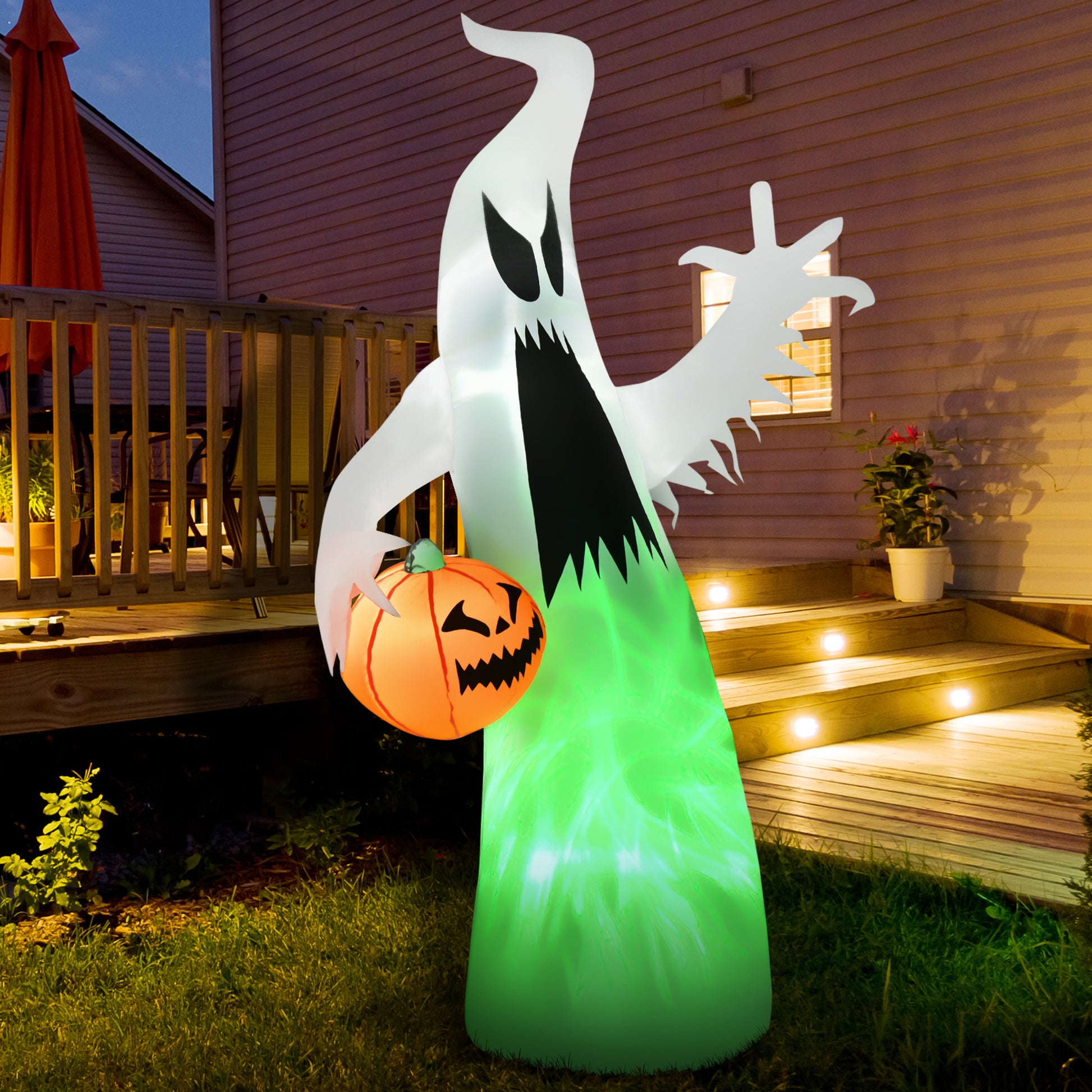 Homcom 5.9' Halloween Inflatable Outdoor Decoration Ghost With Pumpkin, Blow Up Led Yard Decor For Garden, Lawn, Party, Holiday, Waterproof, Green White Polyester