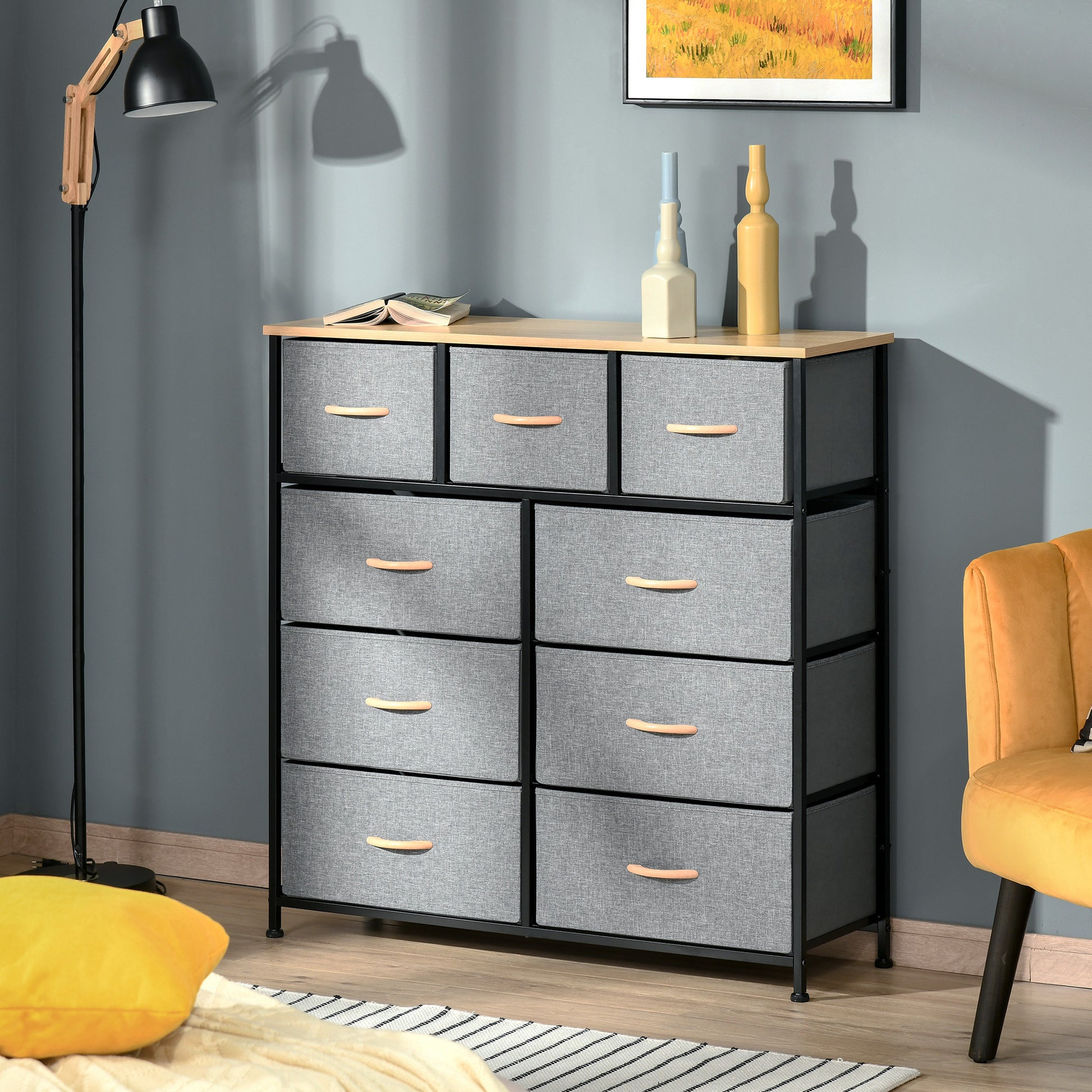 Homcom 9 Drawers Storage Chest Dresser Organizer Unit W Steel Frame, Wood Top, Easy Pull Fabric Bins, For Bedroom, Hallway, Closet, Entryway, Oak & Grey Oak Linen