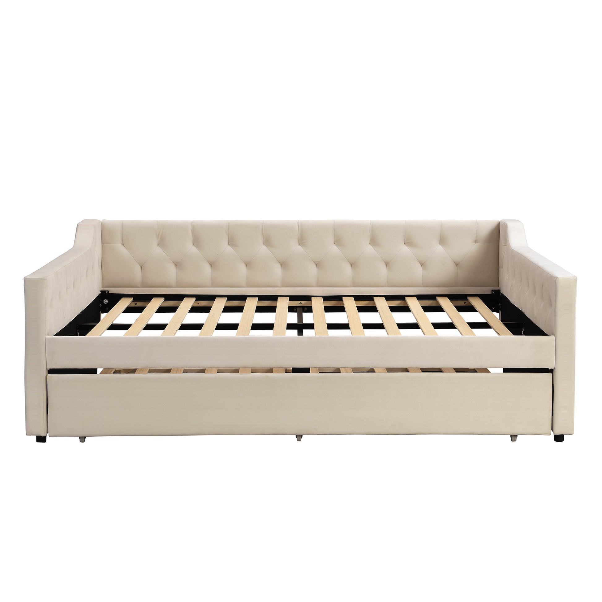 Full Size Upholstered Tufted Daybed With Twin Size Trundle, Beige Beige Upholstered