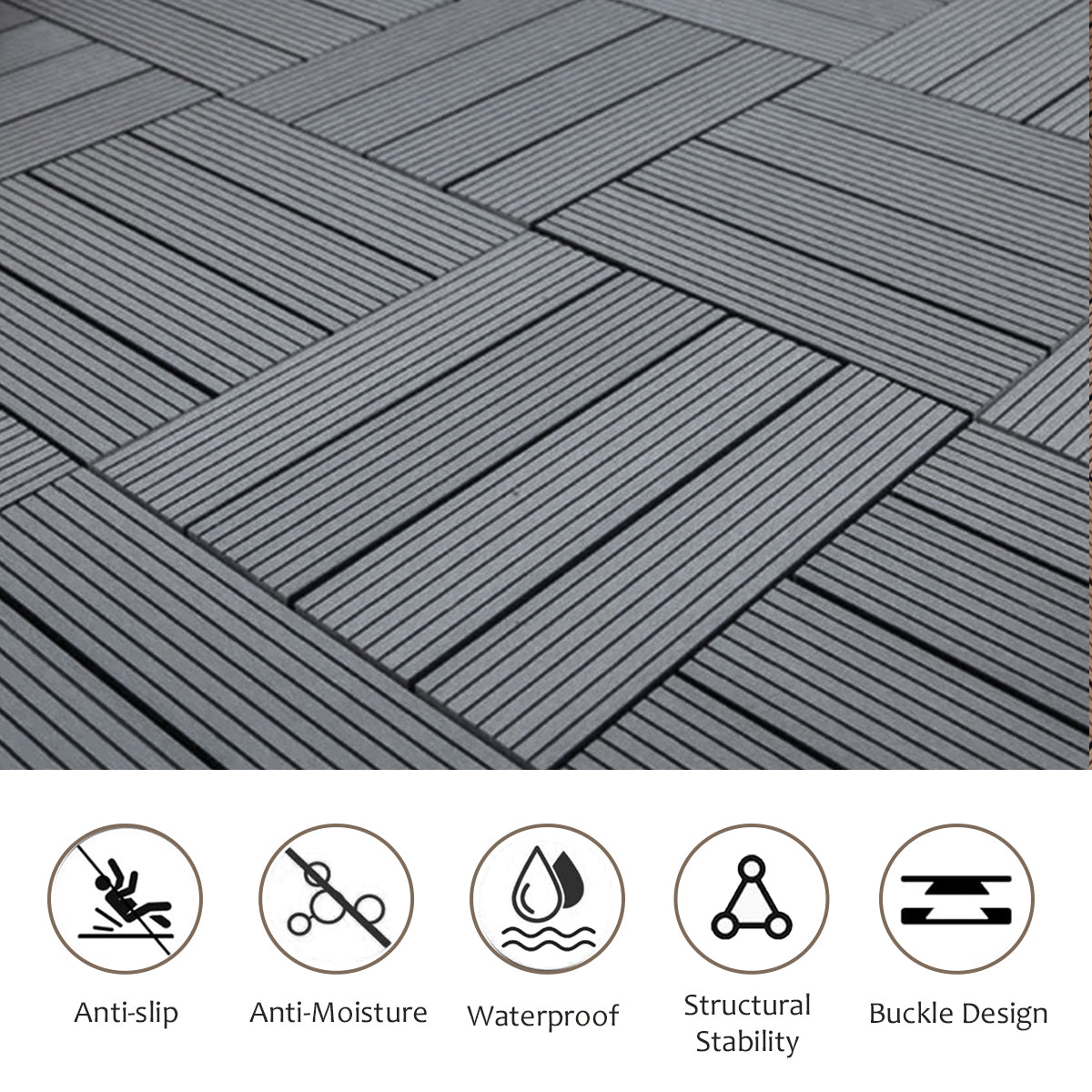 Wood Plastic Composite Deck Tiles Set Of 20Pcs, Composite Decking Resist Rust, Water, Weather, Indoor&Outdoor, Easy To Diy & Maintain, Ideal For Patios, Balconies, Rooftops, Decks, 12X12In Dark Grey Dark Grey Modern Plastic Wood Plastic