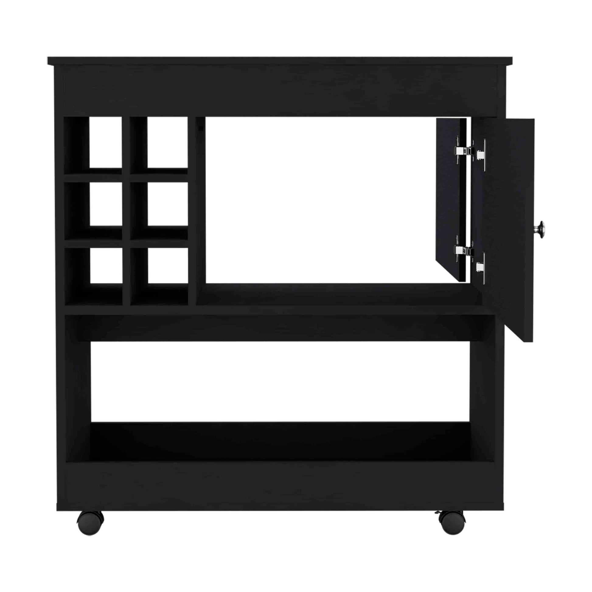 37" H Light Black Bar Coffee Cart, Kitchen Or Living Room Cabinet, With 4 Wheels, Central Storage With 2 Doors, Division For 6 Bottles And A Shelf With A Wooden Front On The Bottom. Black Particle