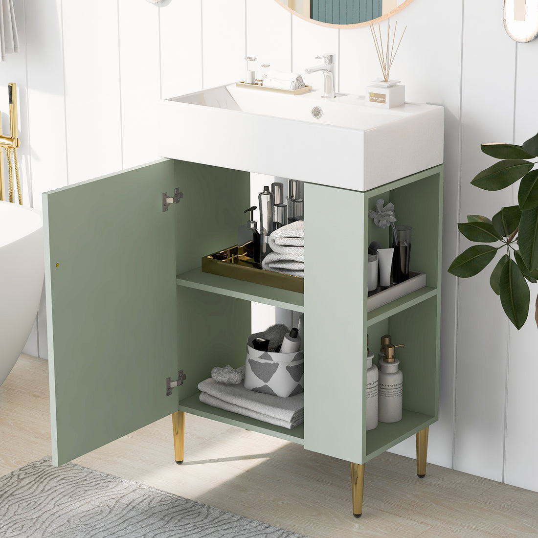 21.6" Green Bathroom Vanity, Combo Cabinet, Bathroom Storage Cabinet, Single Ceramic Sink, Right Side Storage Green Bathroom Ceramic Mdf