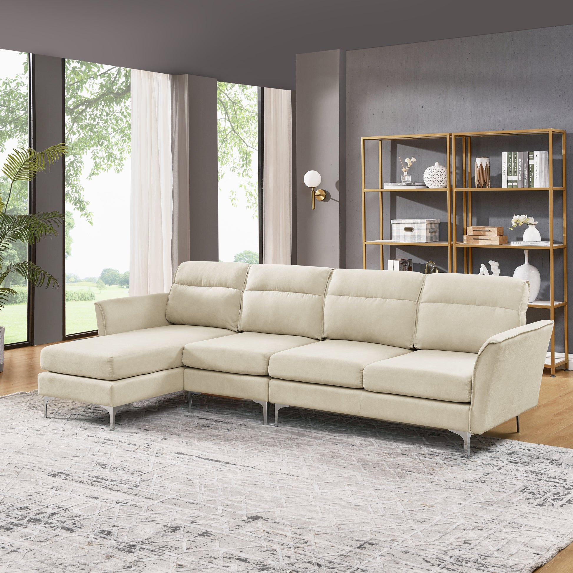 Modern Sofa 3 Seat Couch With Stainless Steel Trim And Metal Legs For Living Room,Package Compression Sofa Technology,Beige Beige Foam 3 Seat
