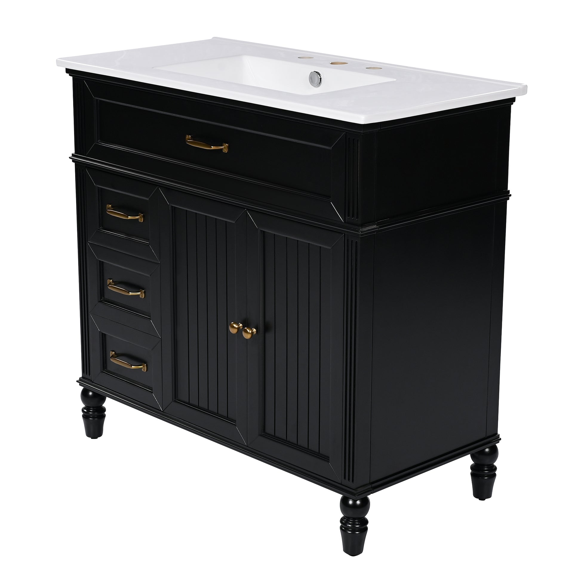 36" Bathroom Vanity With Sink, Black Bathroom Cabinet With Drawers, Solid Frame And Mdf Board, One Package Black Solid Wood Mdf