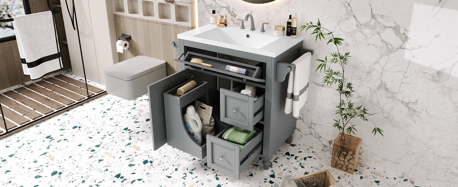 30'' Bathroom Vanity With Top Sink, Modern Bathroom Storage Cabinet With 2 Drawers And A Tip Out Drawer, Single Sink Bathroom Vanity Same As N710S130001E Grey Bathroom Modern Solid Wood Mdf Resin