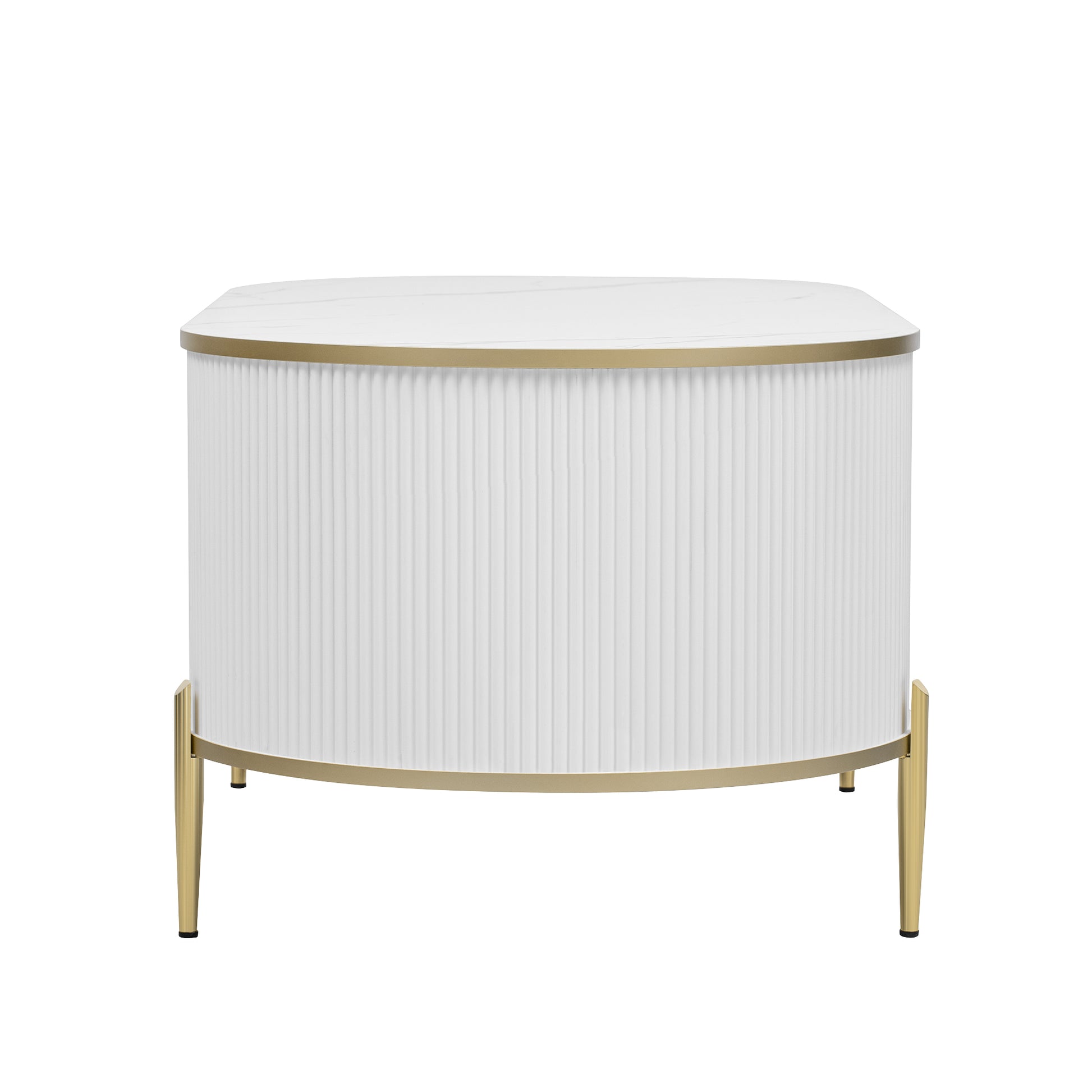 Modern Luxury Oval Shaped Fluted Coffee Table, Marble Patterned Top Coffee Table With 2 Cabinets, Metal Legs And Handles For Living Room, White Date Of Expected Arrival: 11.20 White Mdf