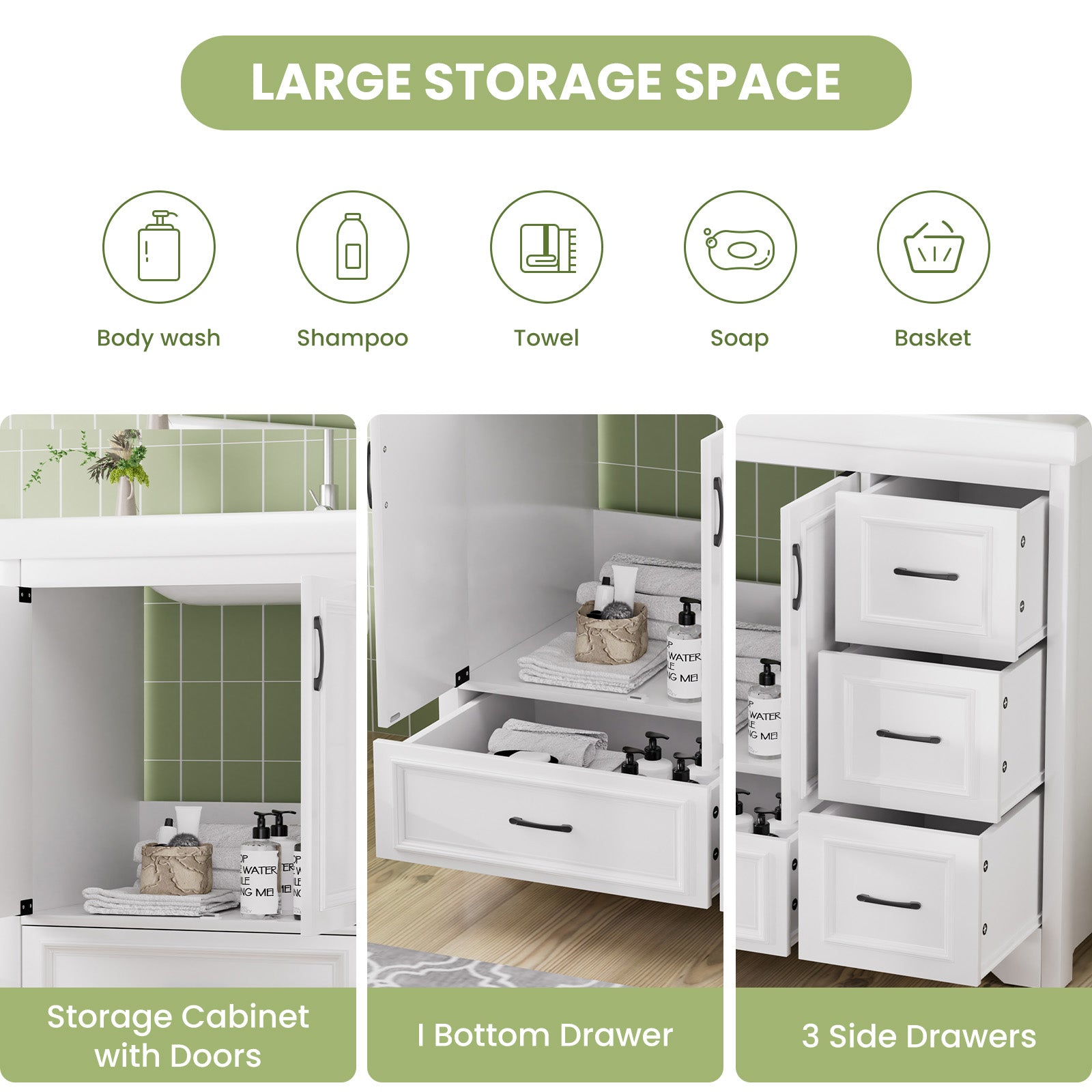 36'' Bathroom Vanities With Single Sink, Modern Under Mount Bathroom Sink Cabinet With 2 Closing Doors & 4 Drawers. White, 35.8''W X 19.7''D X 35.4''H. White Particle Board Mdf