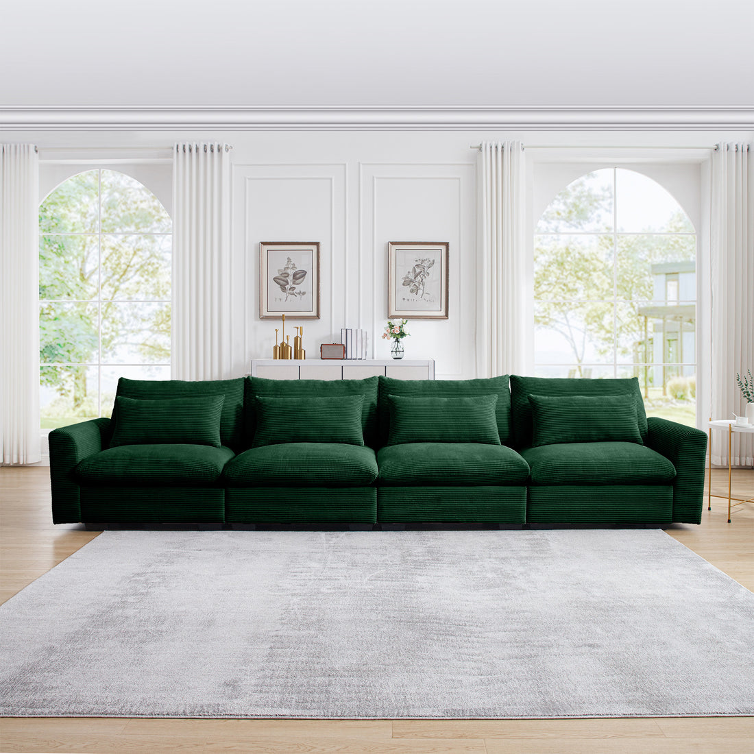 4 Seater Deep Seat Couches For Living Room, Comfy Green Corduroy Sofas For Living Room Modern With 4 Waist Pillows Green Corduroy 4 Seat