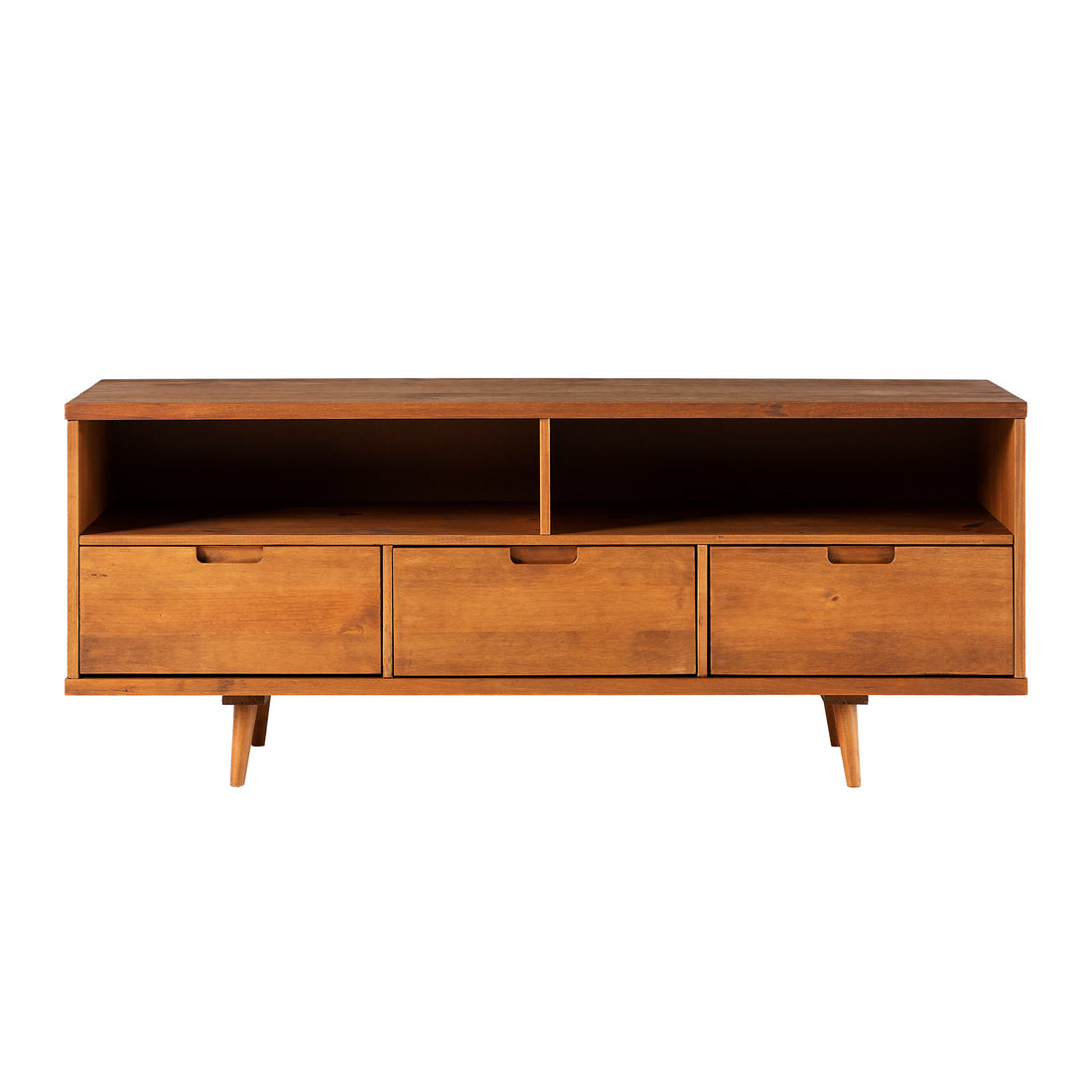 Mid Century Modern Solid Wood 3 Drawer 58" Tv Stand For 65" Tvs With 2 Open Cubbies Caramel Caramel Pine