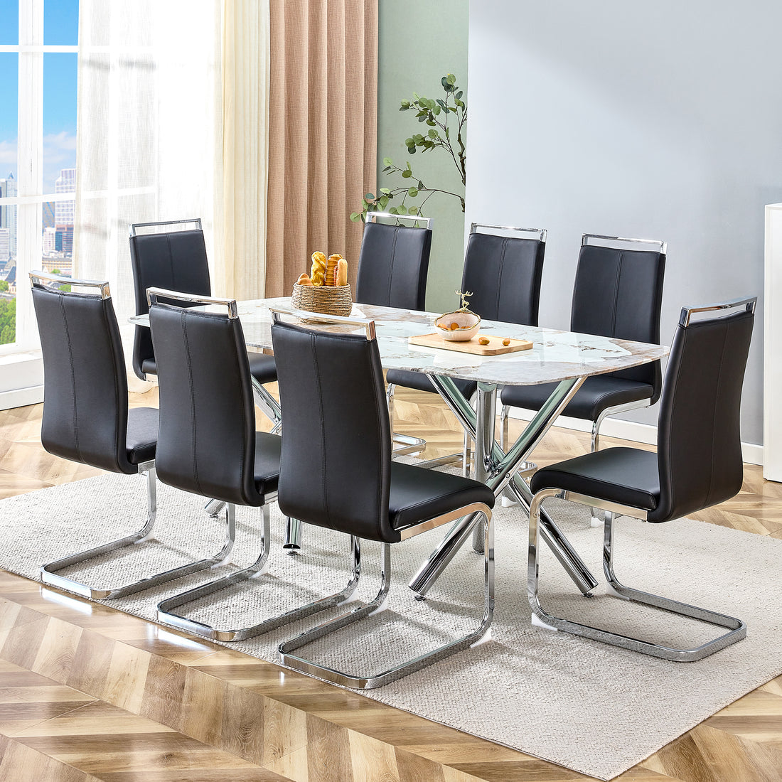 Table And Chair Set.A Rectangular Dining Table Suitable For 4 8 People, Equipped With A Marble Patterned Glass Tabletop And Metal Legs.8 Chairs With Faux Leather Upholstered Seats And Silver Legs. Black Silver Seats 8 Glass Metal