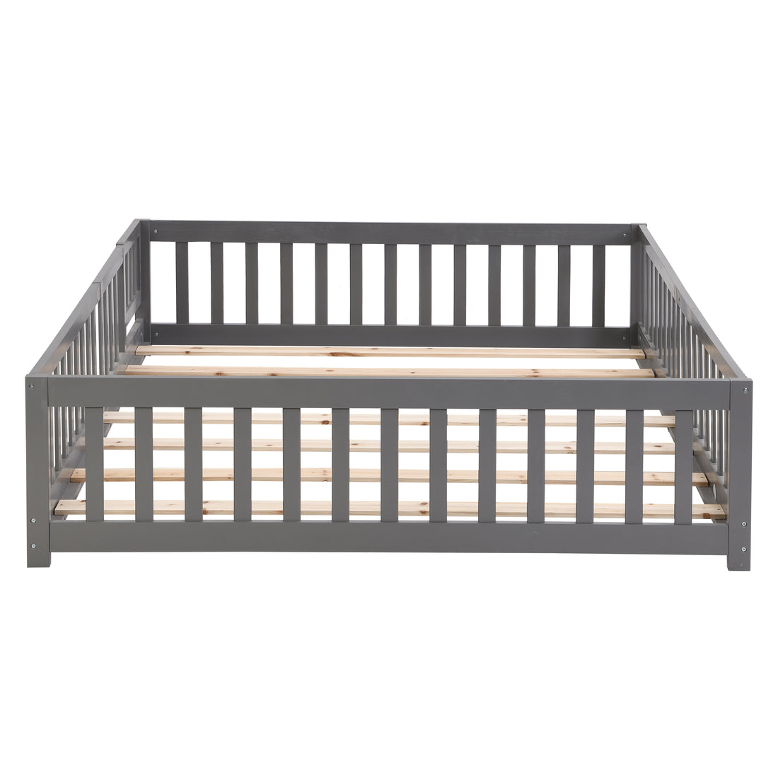 Full Size Floor Bed With Door,Solid Wood Platform Bed Frame With Fence,Suitable For Children,Pine Wood,Gray Full Gray Wood