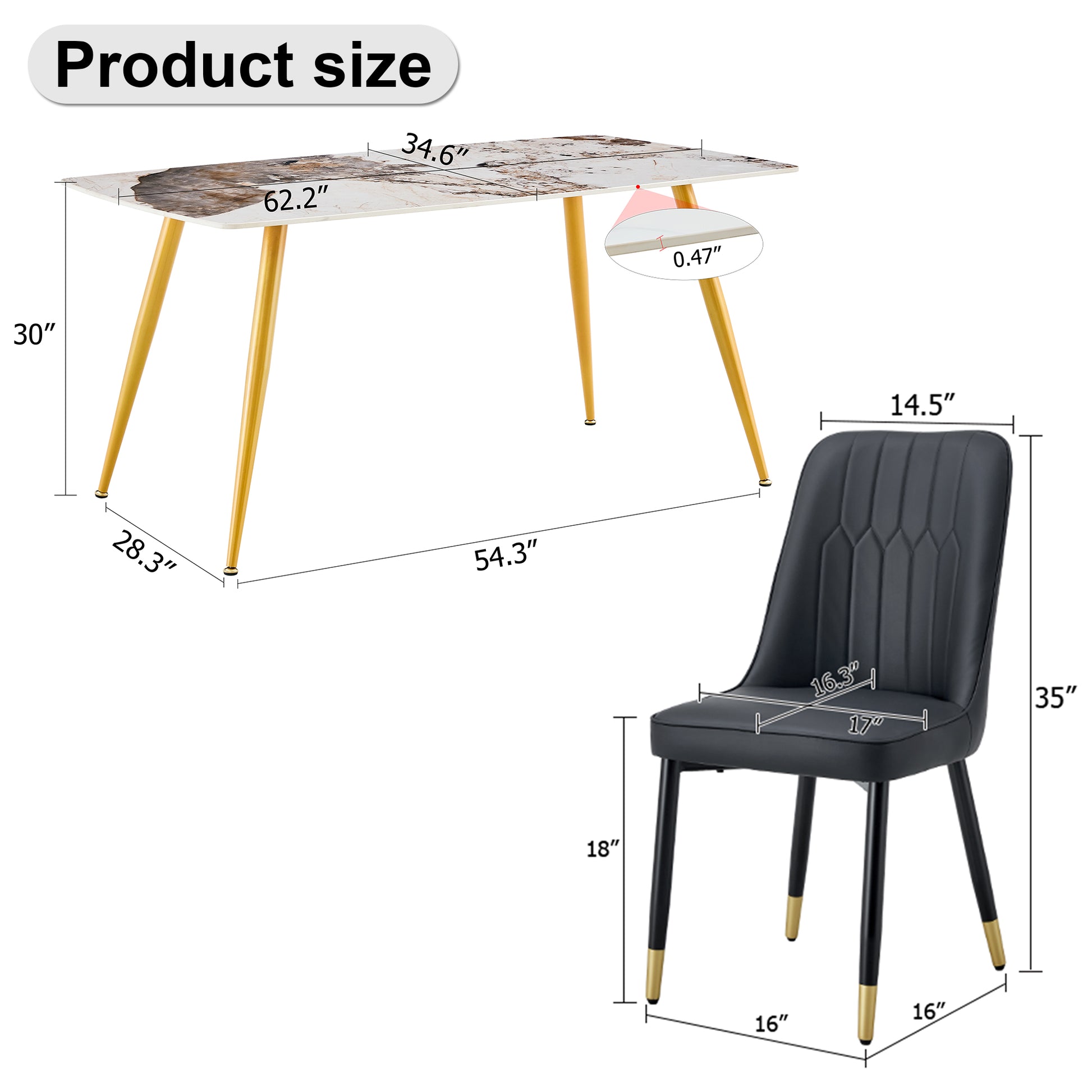 Table And Chair Set.Modern Minimalist Dining Table. White Imitation Marble Pattern Sintered Stone Desktop With Golden Metal Legs.Paried With 4 Comfortable Chairs With Pu Seats And Black Metal Legs.