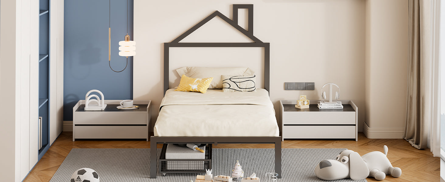 Twin Size Metal Platform Bed With Two Drawers,House Shaped Headboard Design, Black Twin Black Metal