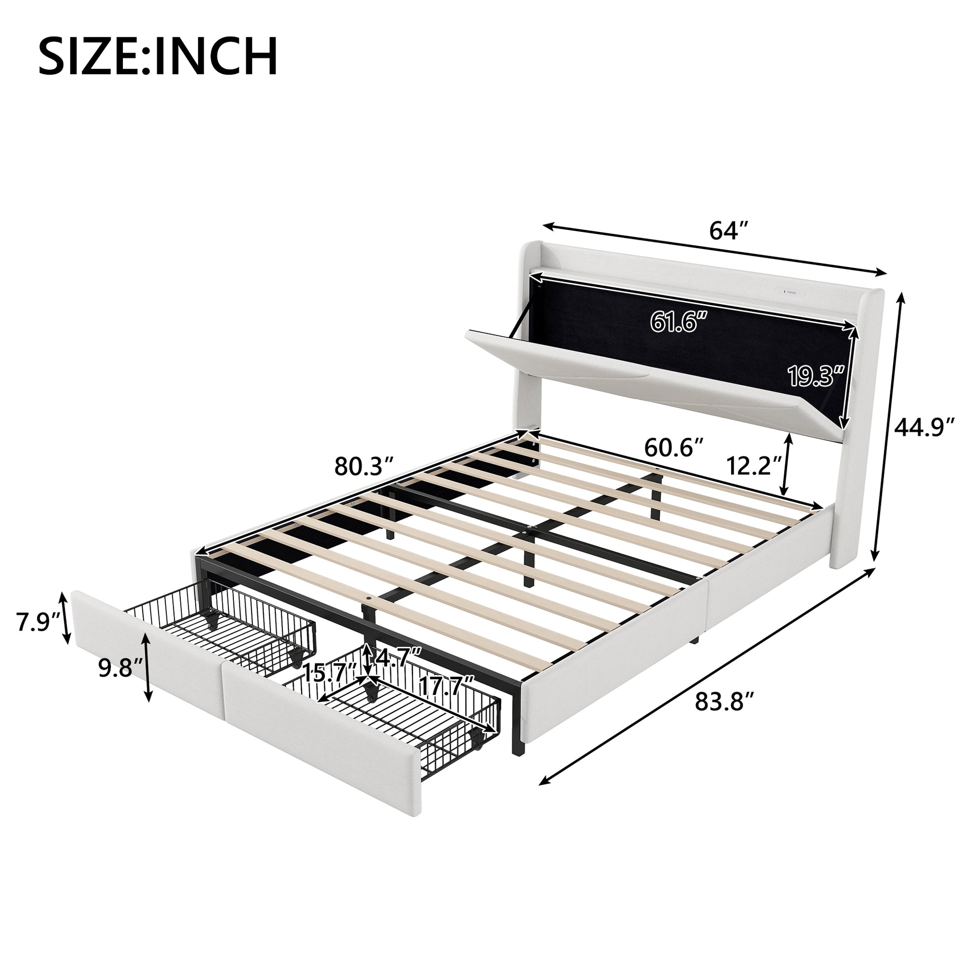 Queen Size Upholstery Platform Bed With Storage Headboard, Led, Usb Charging And 2 Drawers, Beige Queen Beige Upholstered