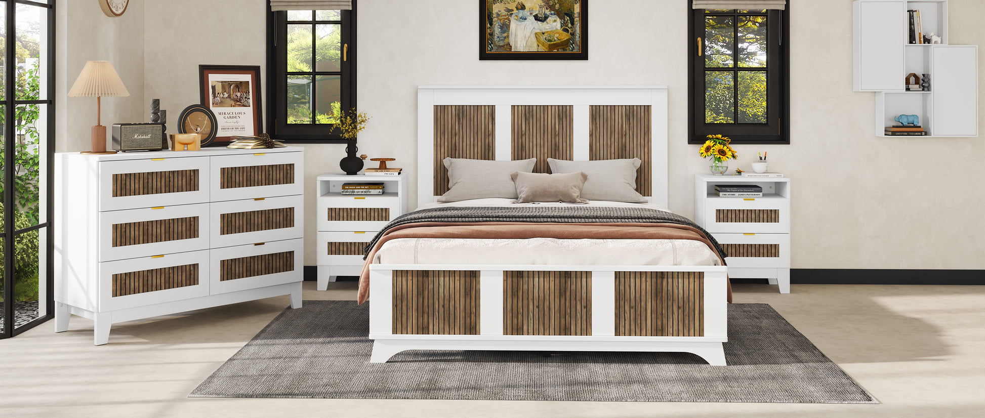 Farmhouse Wooden Platform Queen Size Bed, Modern Platform Bed With Wooden Strip Decoration, Plywood Slats Support, White Queen White Particle Board