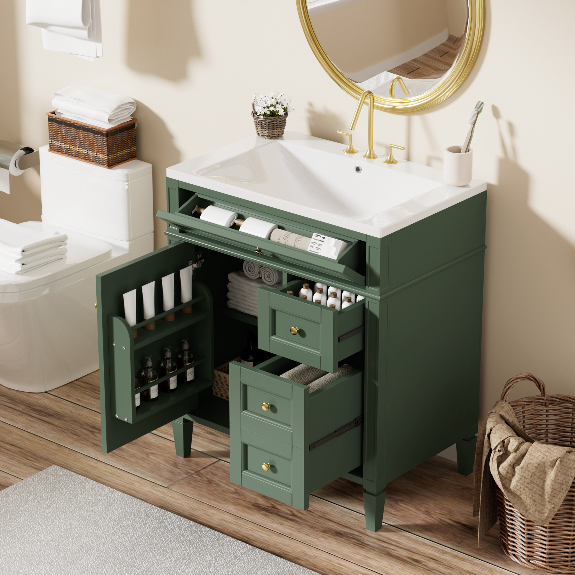 30'' Bathroom Vanity With Top Sink, Modern Bathroom Storage Cabinet With 2 Drawers And A Tip Out Drawer, Single Sink Bathroom Vanity 3 Green 1 2 Bathroom Freestanding Solid Wood Mdf Resin Painted