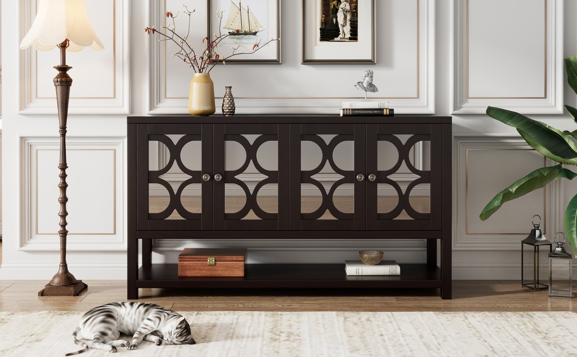 Elegant Retro Console Table Storage Cabinet Sideboard With Mirrored Doors, Spacious Shelves, And Durable Acacia Wood Legs Perfect For Living Room, Dining Room, Or Entryway Espresso Espresso Primary Living Space Solid Wood Mdf