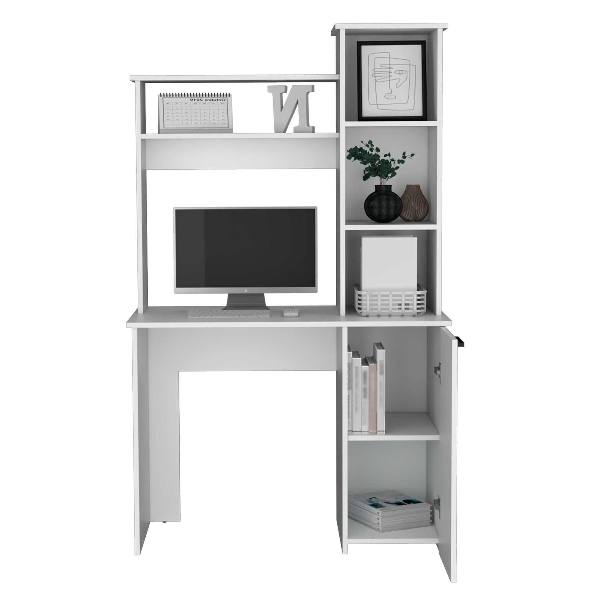 Carson Computer Desk With Hutch, Single Door Cabinet, Expansive Work Surface And 3 Tier Storage Shelves White Computer Desk Office Modern Freestanding Rectangular Shelves Desk Rectangular Particle Board Engineered Wood