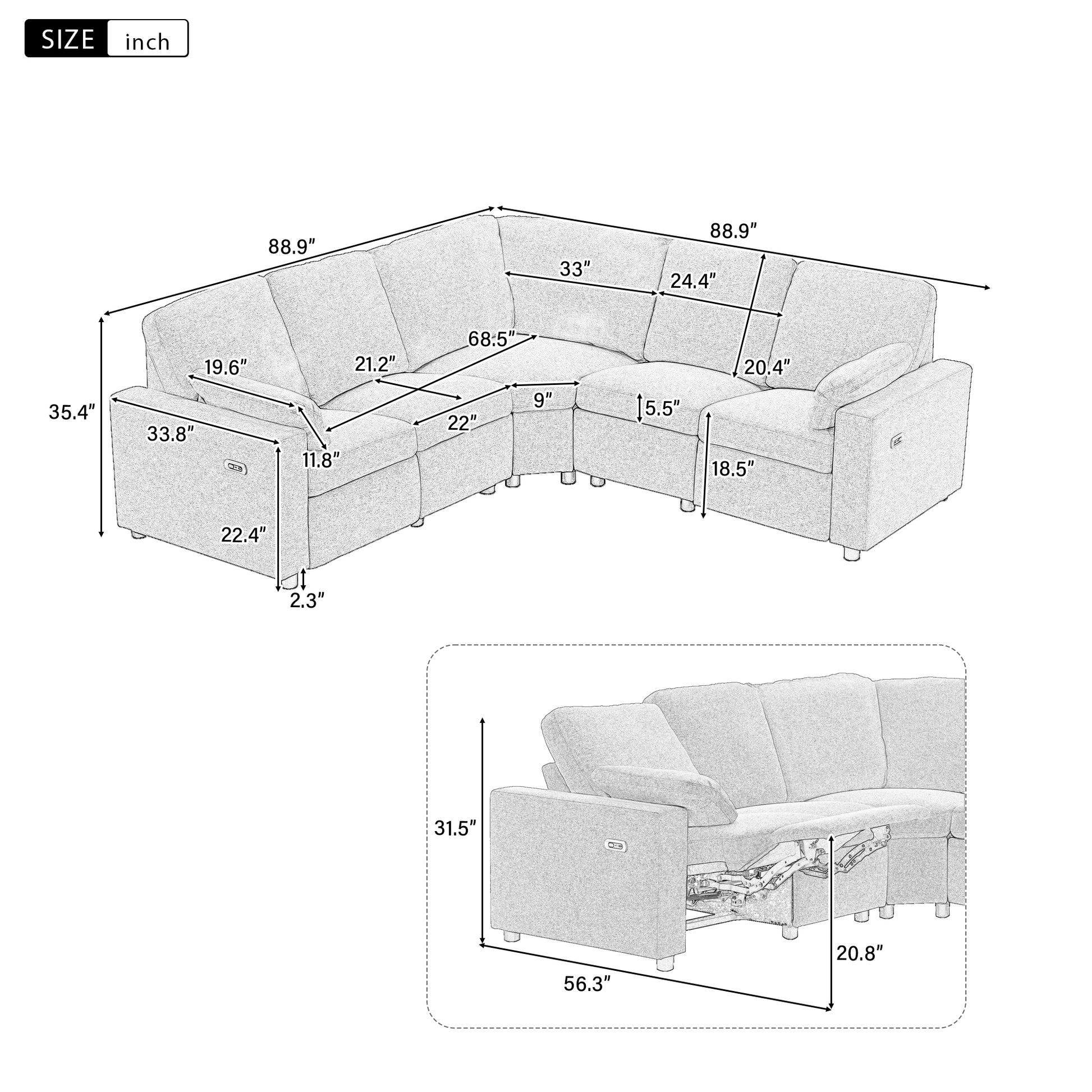 89" Power Recliner Sectional Sofa Home Theater Reclining Sofa With Two Usb Ports, Two Storage Drawers For Living Room, Gray Gray Foam Linen 5 Seat