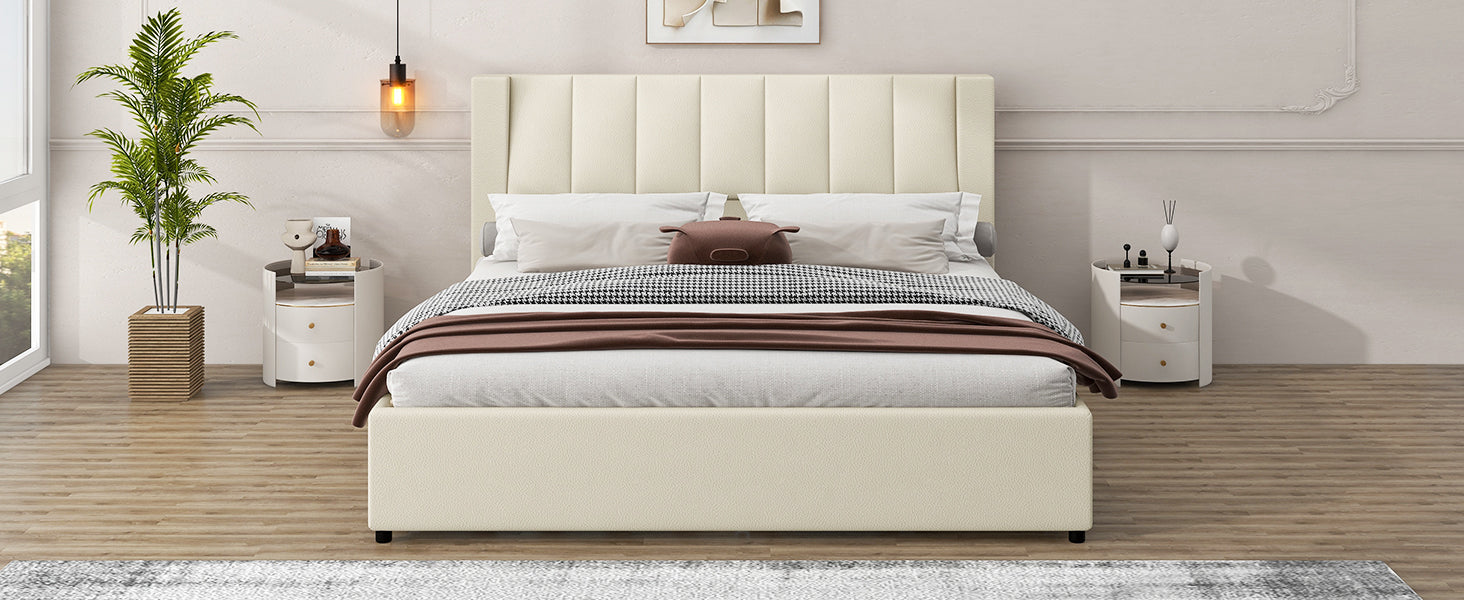 King Size Upholstery Platform Bed With Storage Headboard, 2 Drawers And Trundle,Beige King Beige Upholstered