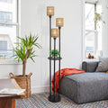 Boho Floor Lamp With Shelves, 3 Lights Farmhouse Tall Floor Lamp With On Off Foot Switch, Rustic Standing Lamp With Rattan Shades For Living Room Bedroom Office Brown Black Rattan Metal