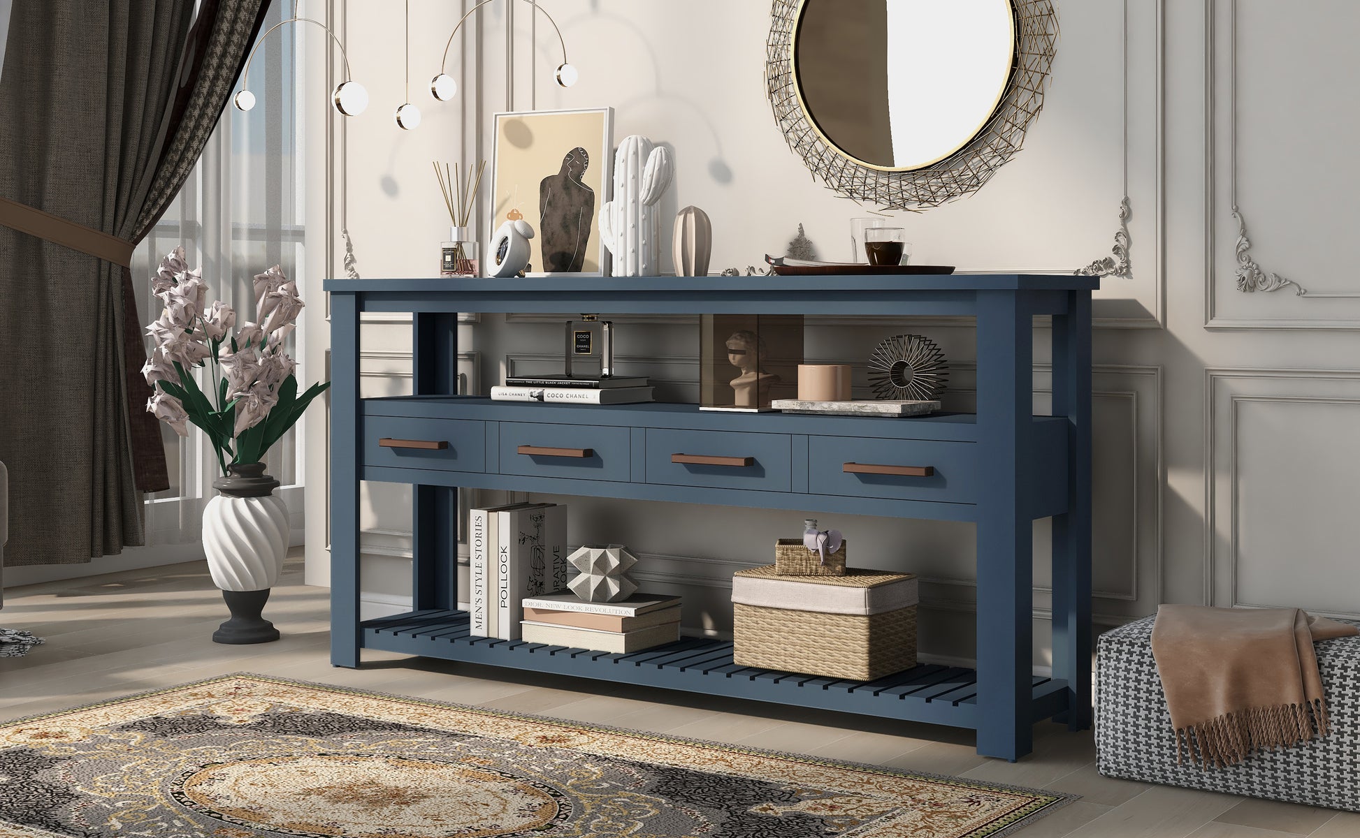 62.2'' Modern Console Table Sofa Table For Living Room With 4 Drawers And 2 Shelves Navy Blue Solid Wood Mdf