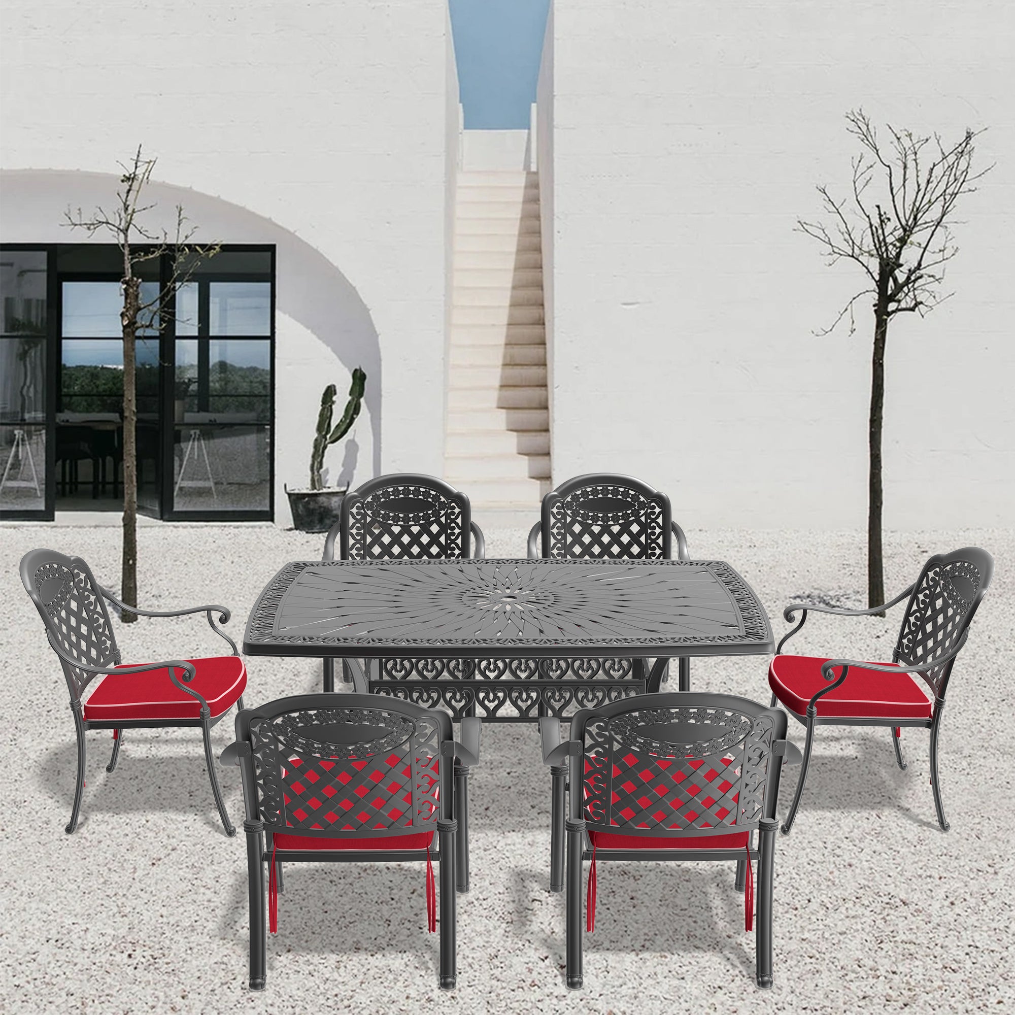 Cushions In Random Colors 7 Piece Set Of Cast Aluminum Patio Furniture With Cushions Yes Dining Set Black Seats 6 Rust Resistant Frame Water Resistant Cushion Garden & Outdoor Complete Patio Sets Aluminium