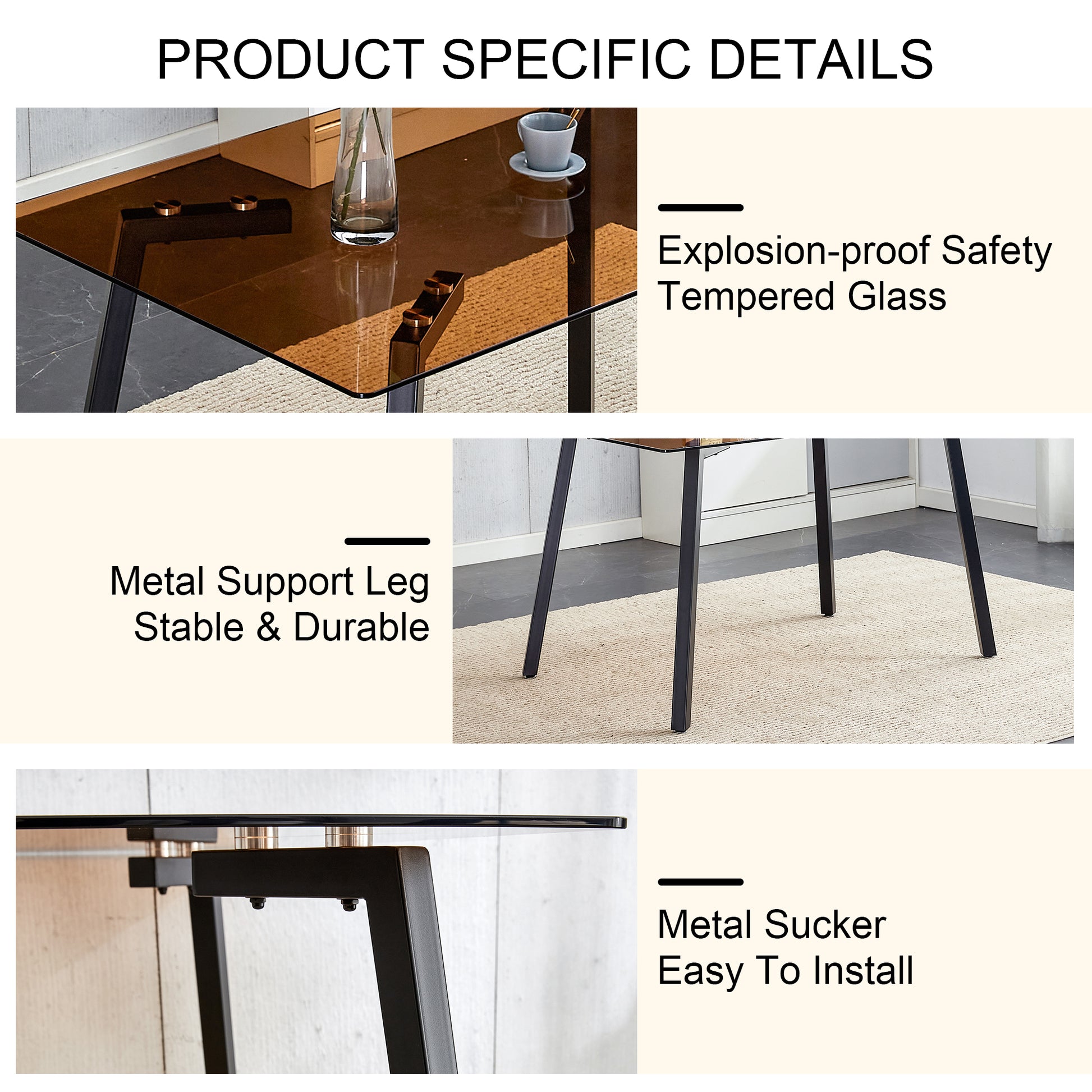 Table And Chair Set.Dark Brown Tempered Glass Tabletop, Black Metal Legs, Dining Table, Work Desk,Dark Brown Transparent Dining Chair. Suitable For Dining Room, Is A Good Choice For Families. Dark Brown Seats 6 Glass