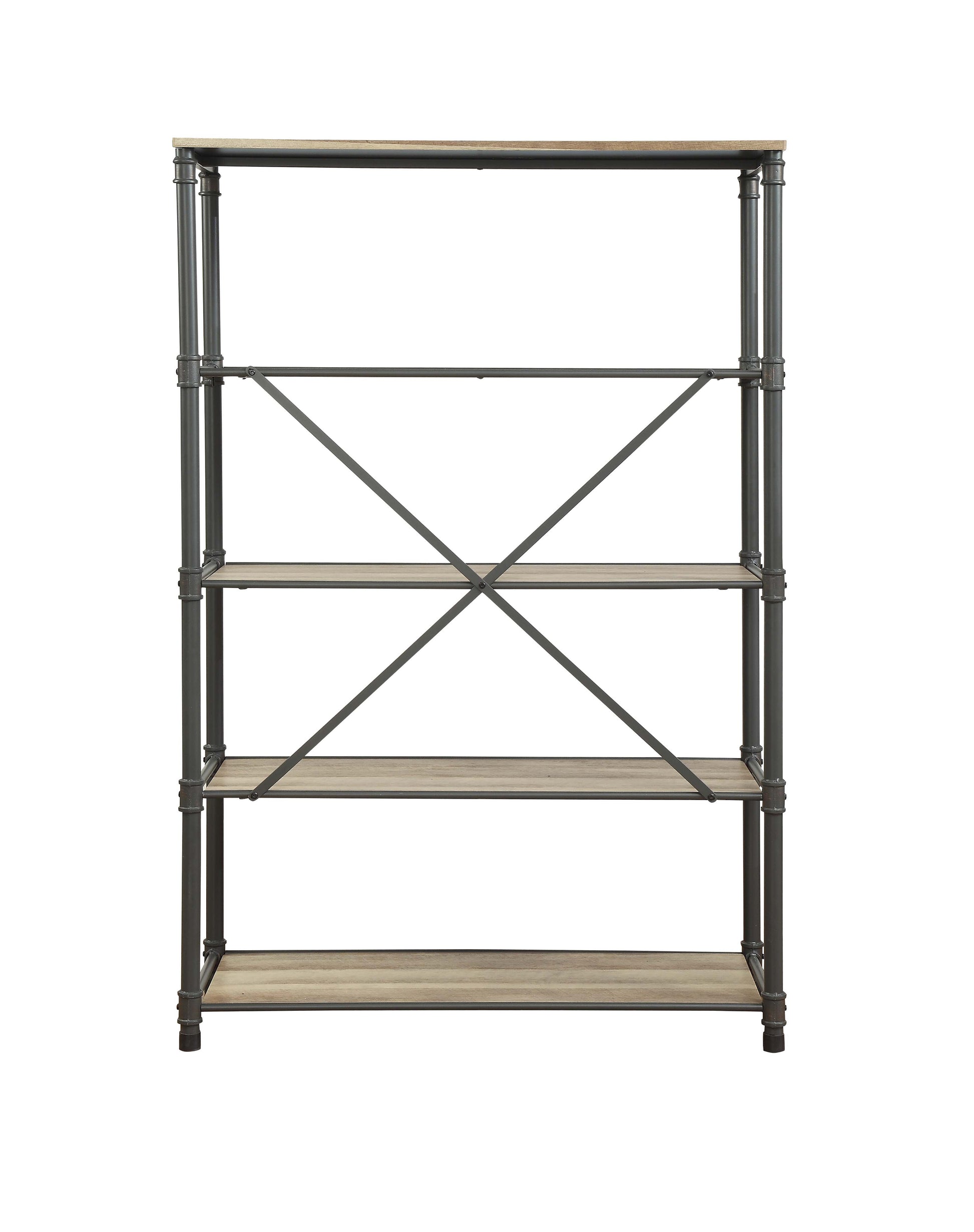 Antique Oak And Sandy Grey 5 Shelf Bookshelf 5 Oak Etagere Horizontal Primary Living Space Open Back Wood Oak Adjustable Shelves Mdf Metal