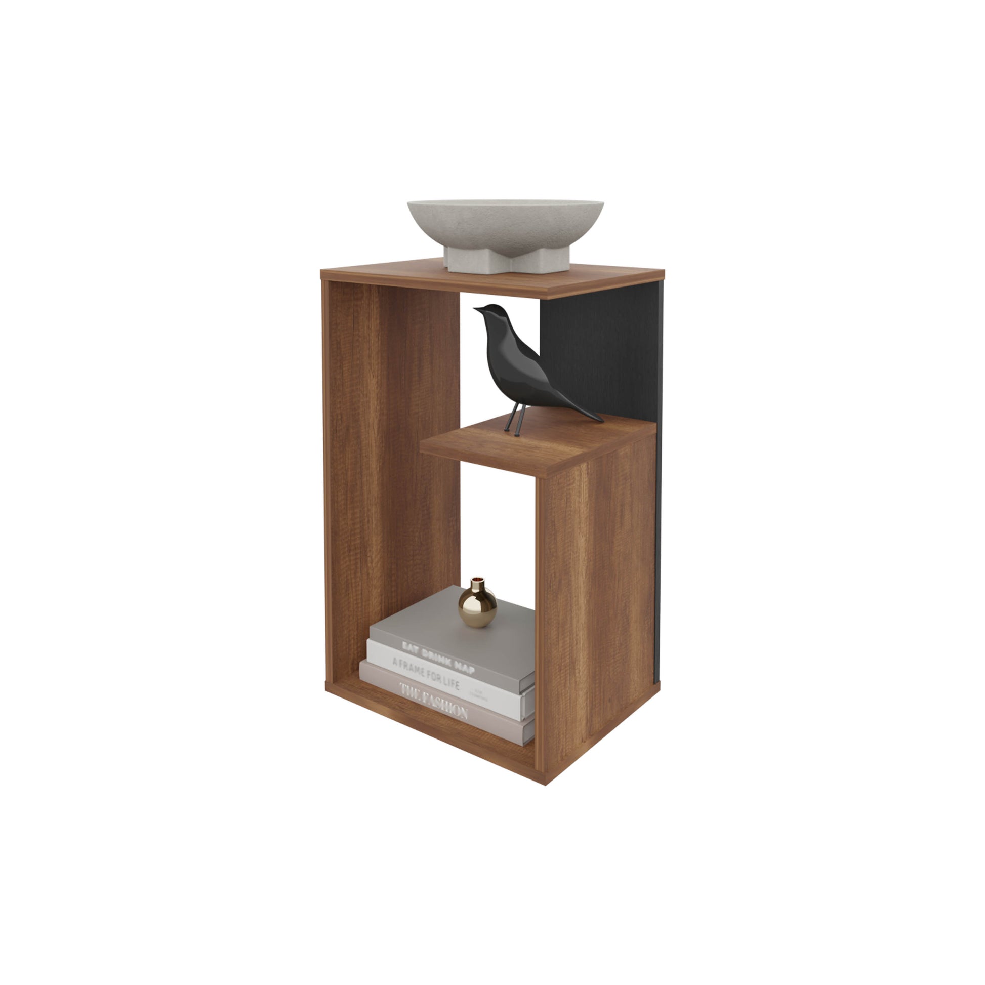 Vega Side Table In Melamine With Open Storage, Walnut Black Walnut Black Primary Living Space Freestanding Open Storage Particle Board Melamine