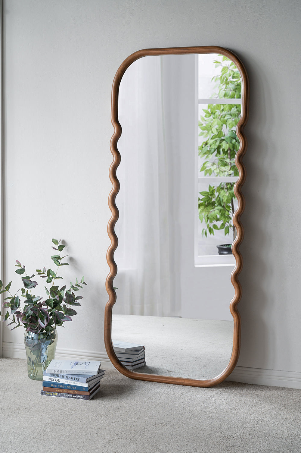 31.4X1.4X74" Oversized Wooden Floor Mirror With Unique Brown Frame Brown Pine