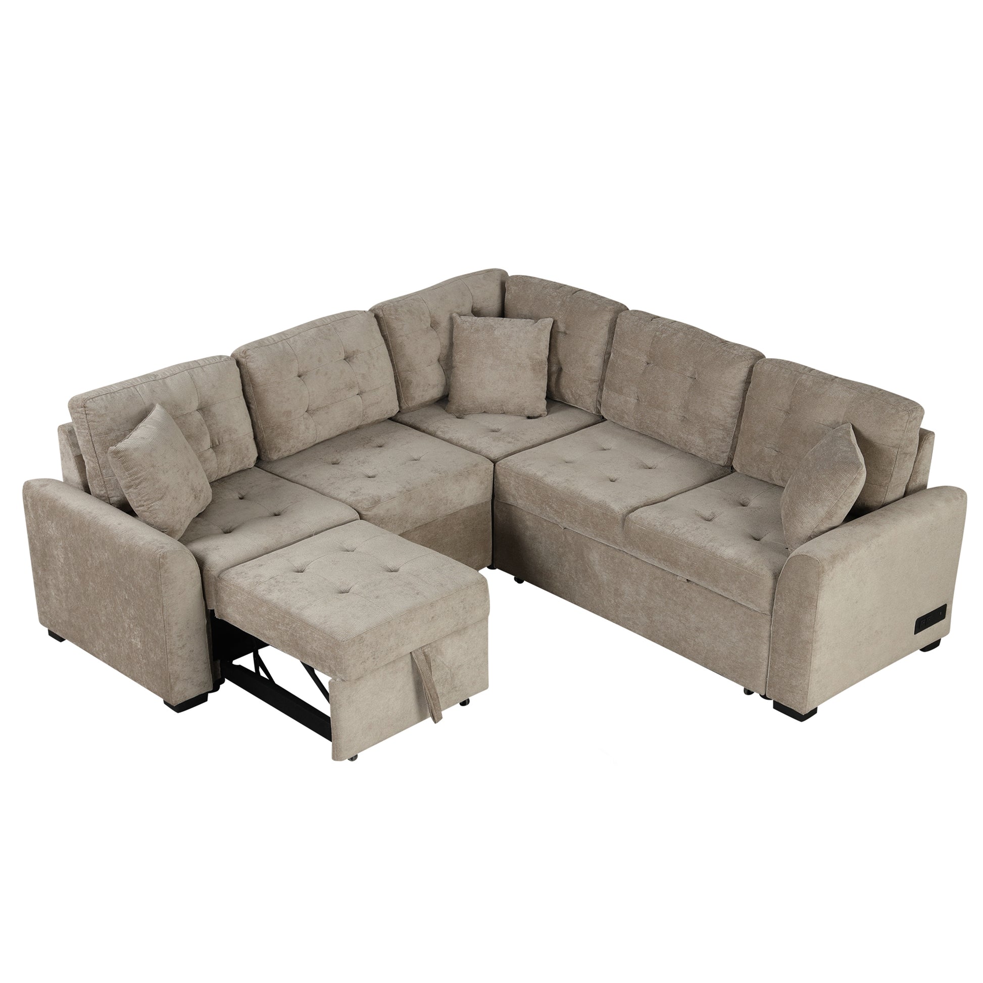 82.6" L Shape Sofa Bed Pull Out Sleeper Sofa With Wheels, Usb Ports, Power Sockets For Living Room Sg001230Aa , Khaki Khaki Foam Velvet 4 Seat