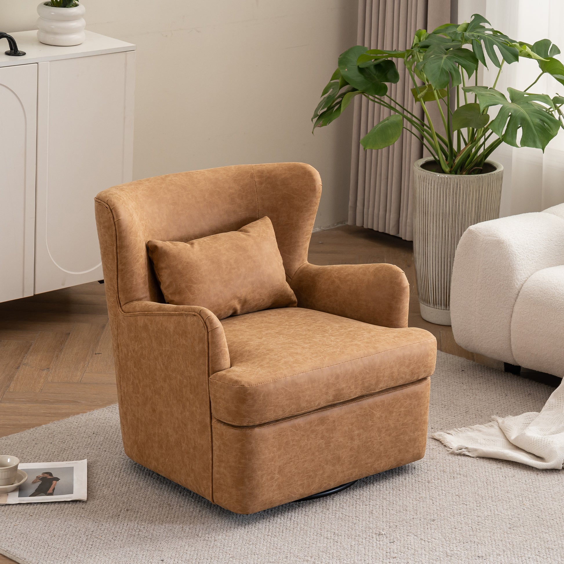 Synthetic Leather Upholstered Swivel Chair, 360 Swivel Comfort Round Armchair, Single Sofa Chair With Lounge Seat For Bedroom Office Reading Space, Set Of 1 ,Brown Yellow Brown Yellow Wood