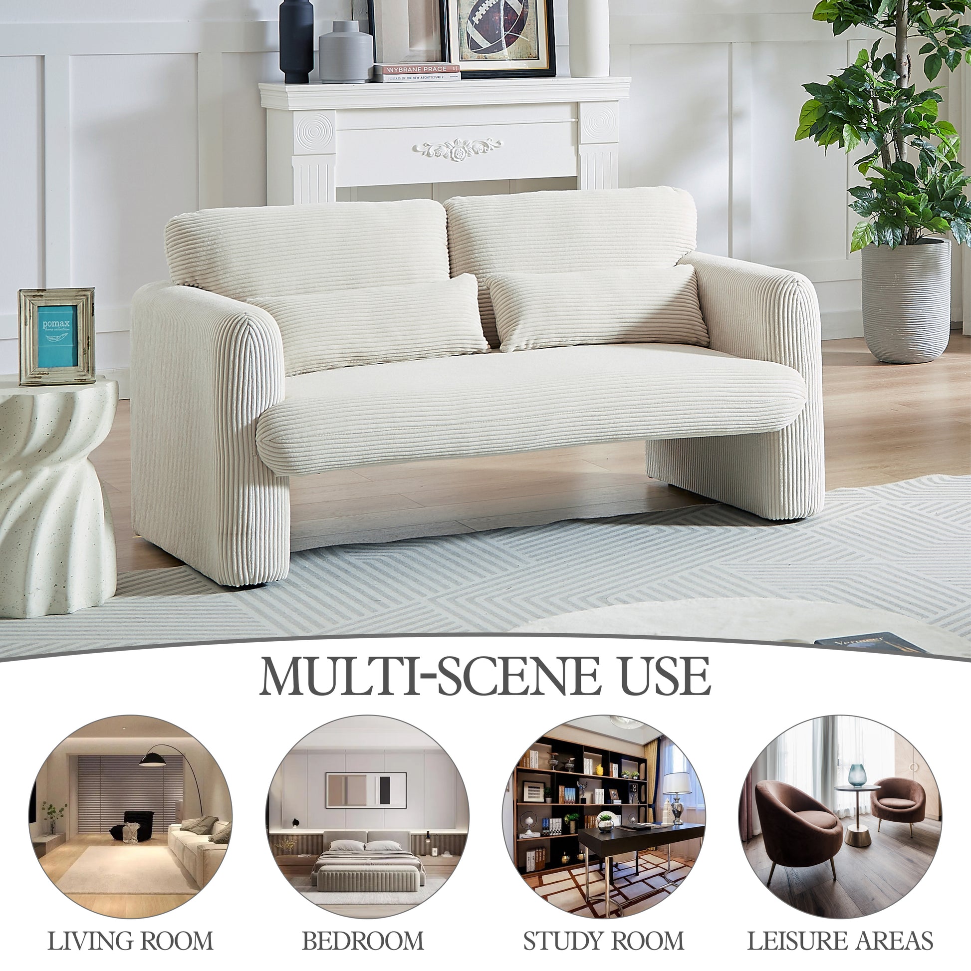 60"Corduroy Fabric Sofa, Modern Lounge Chairs Loveseat Sofa With Support Pillowfor Apartment, Office, Living Room & Bedroom Beige Corduroy 2 Seat