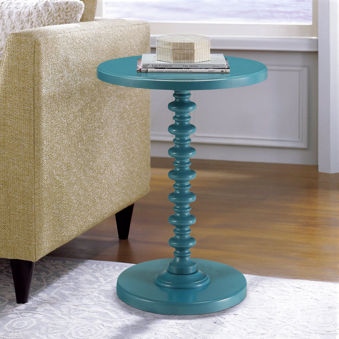 Teal Round Wooden Side Table Teal Primary Living Space Round Wood Pedestal