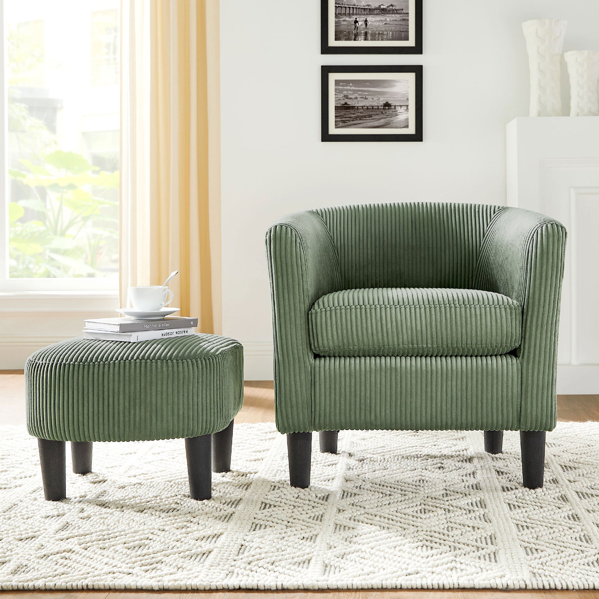 Modern Accent Chair,Upholstered Arm Chair Corduroy Single Sofa Chair With Ottoman Foot Rest Comfy Armchair For Living Room Bedroom And Office,Green Green Corduroy