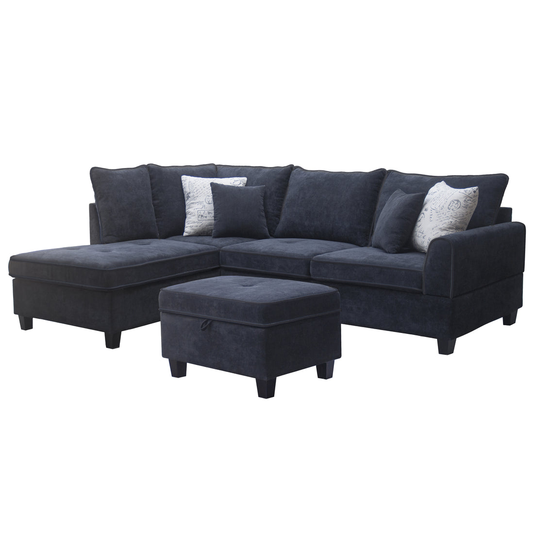 Harmony 99.5"W Black Fabric Sectional Sofa With Left Facing Chaise And Storage Ottoman Black Foam Fabric 5 Seat