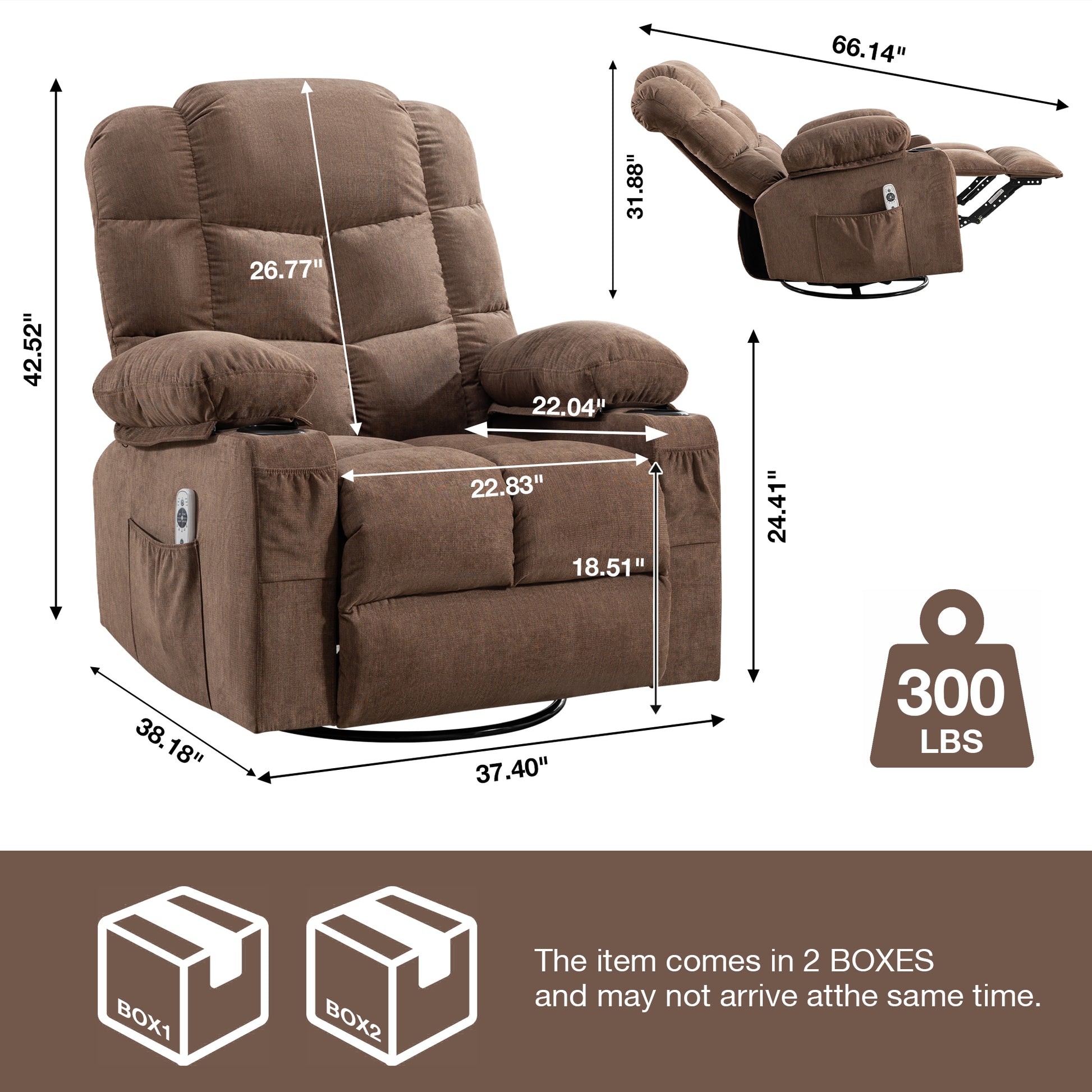 Massage Rocker Recliner Chair Rocking Chairs For Adults Oversized With 2 Cup Holders, Usb Charge Port Soft Features A Manual Massage And Heat. A B Brown Brown Soft Heavy Duty Foam Metal & Wood